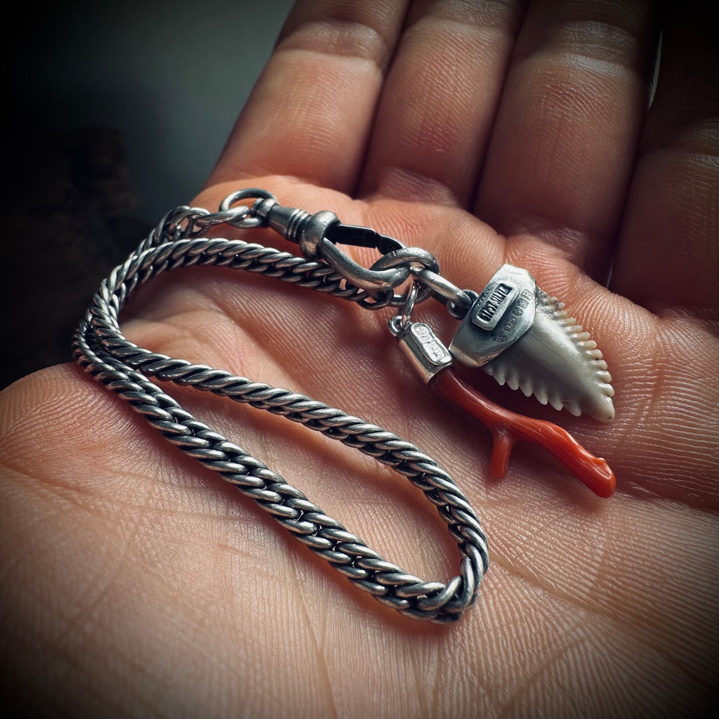 7” Antique sterling silver guard chain bracelet with Albert clip, fossil shark tooth and coral