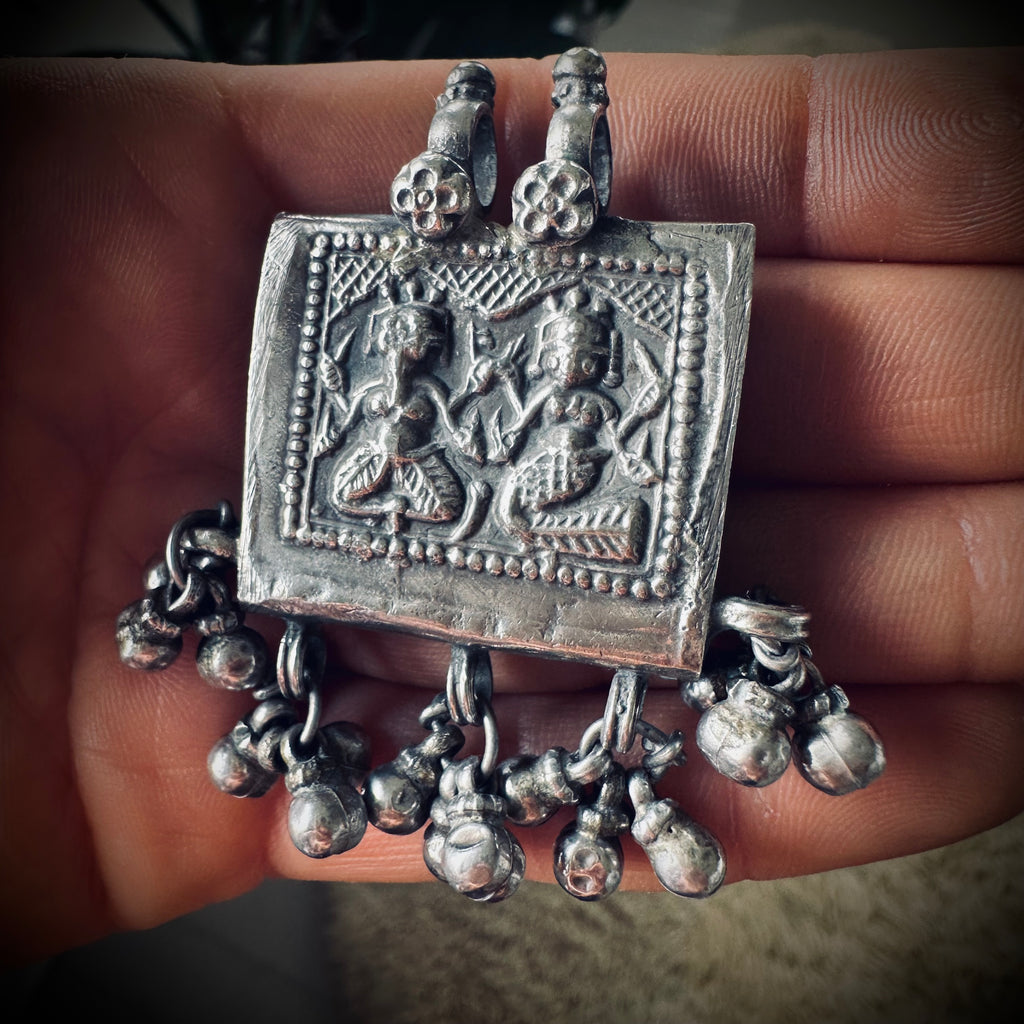 Vintage large silver deity talisman pendant with bells (heavy)