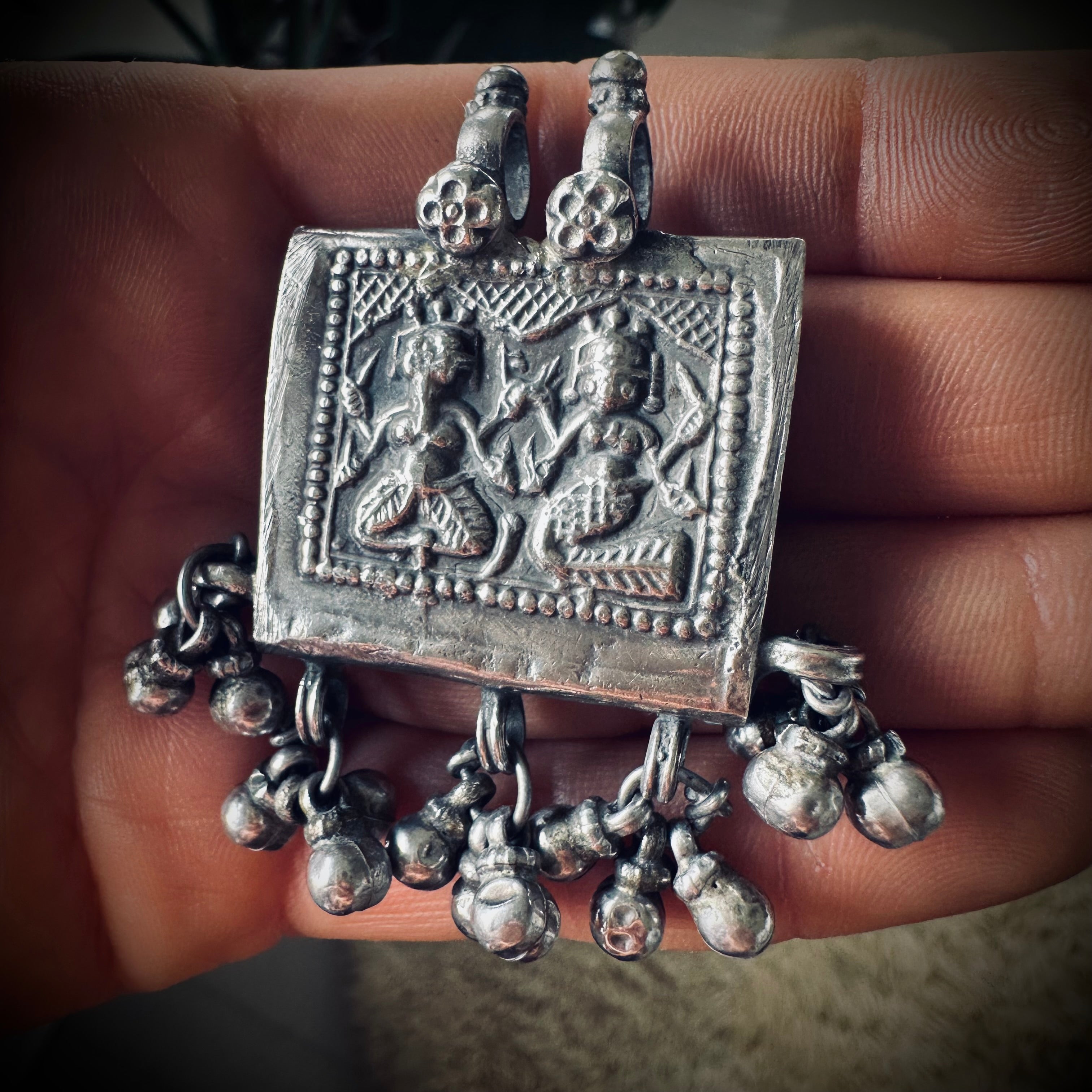 Vintage large silver deity talisman pendant with bells (heavy)