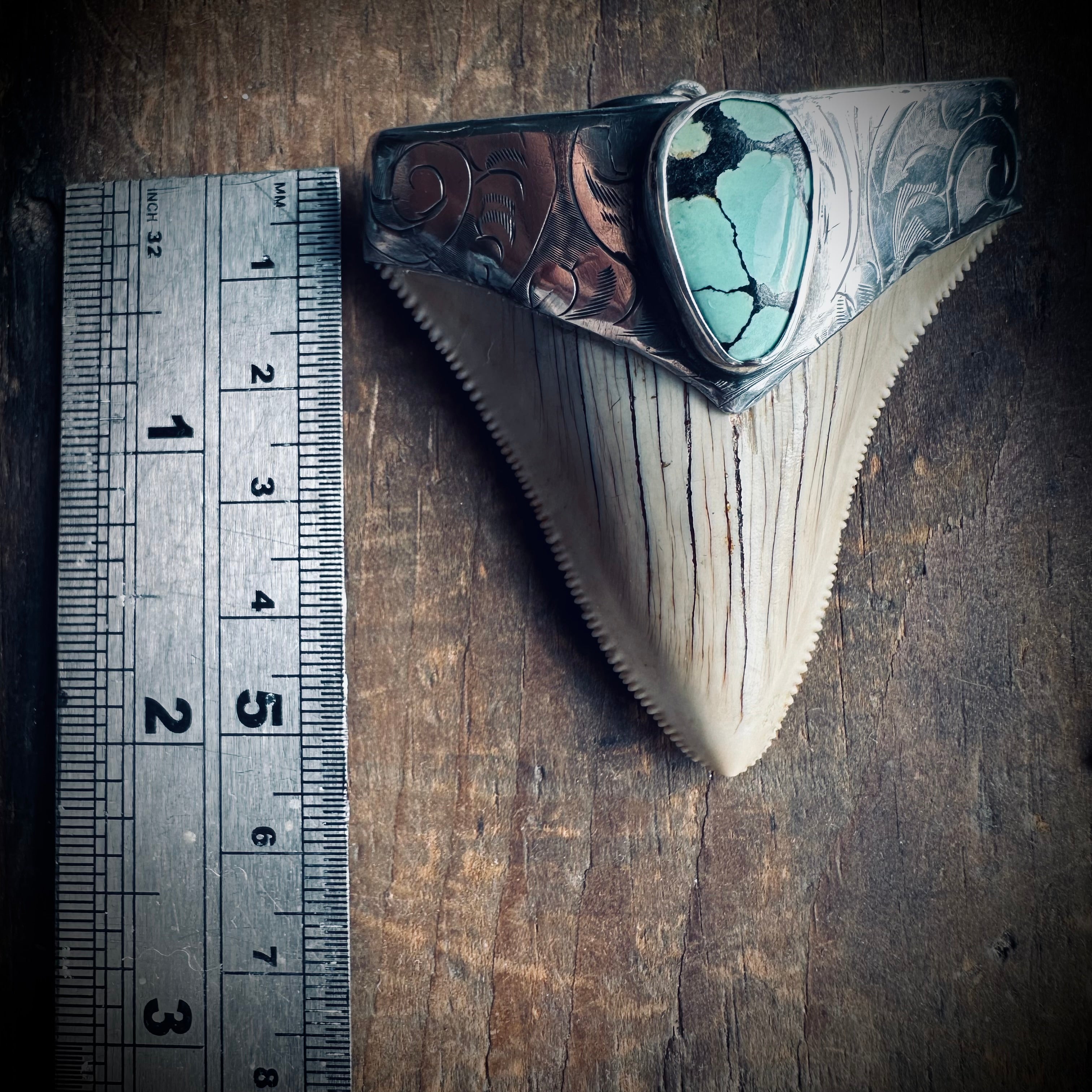 Sterling silver hallmarked fossil shark tooth pendant with turquoise