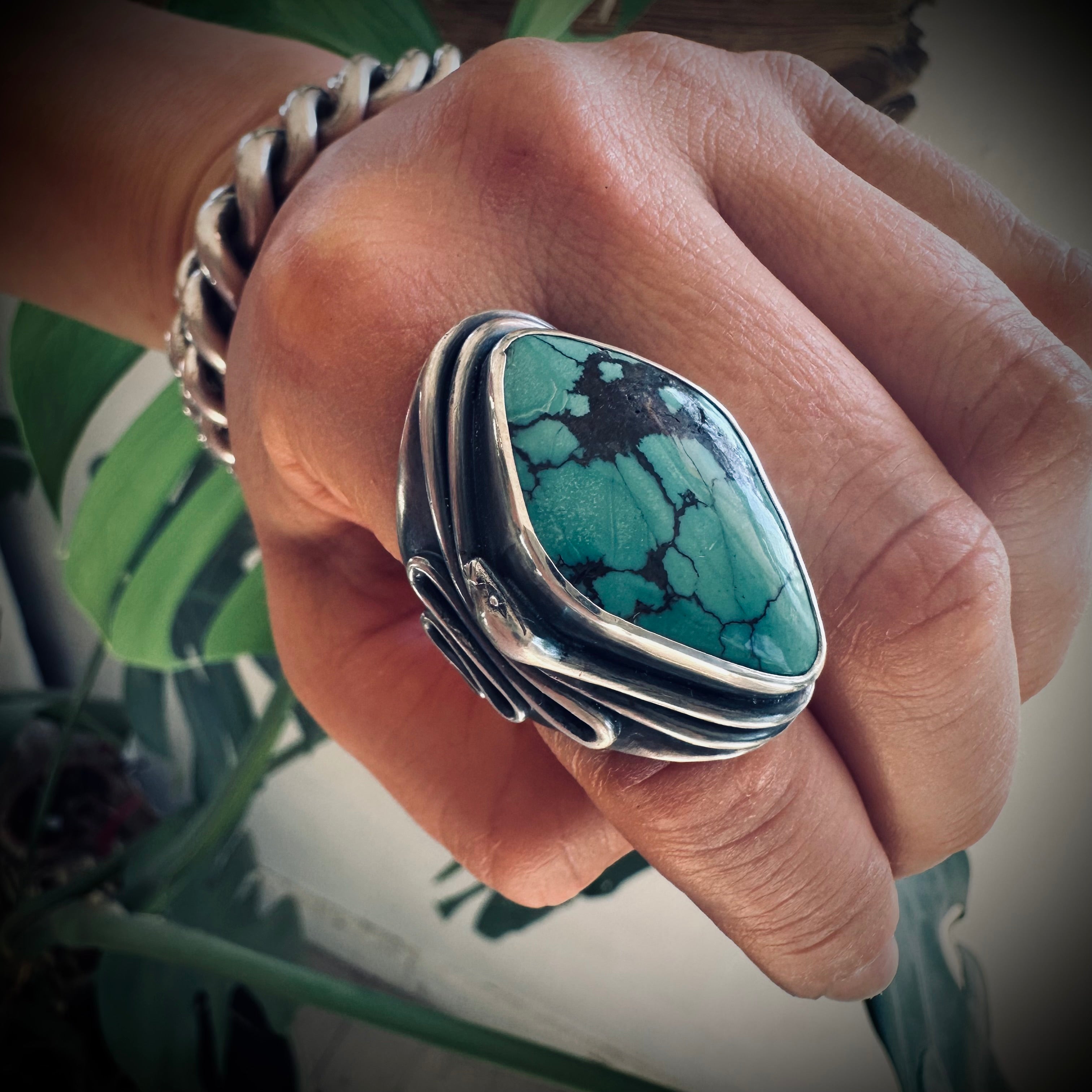 Size 7.5 (O) Sterling silver hallmarked double wrapped snake and turquoise ring