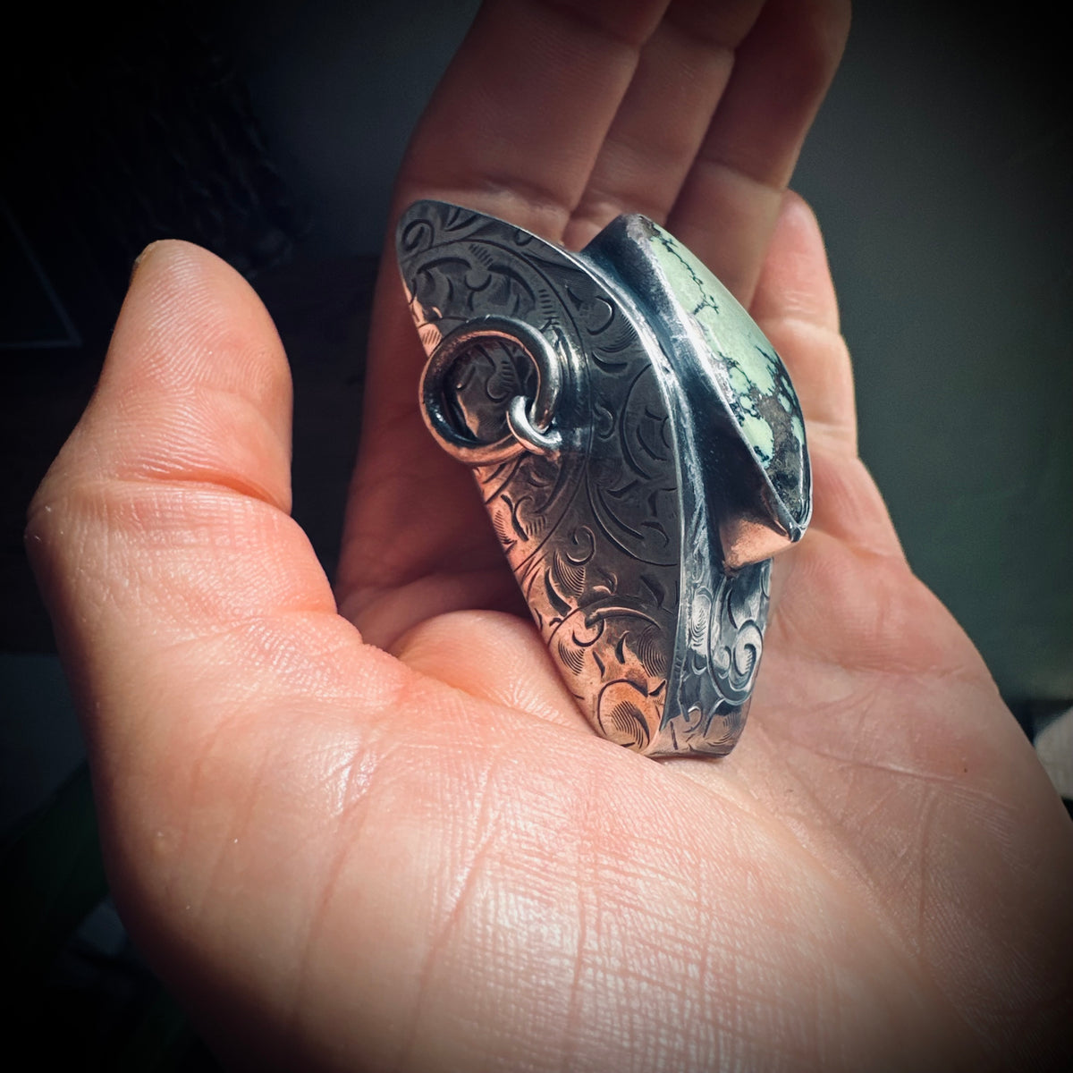 XL Sterling silver fossilised shark tooth pendant with turquoise