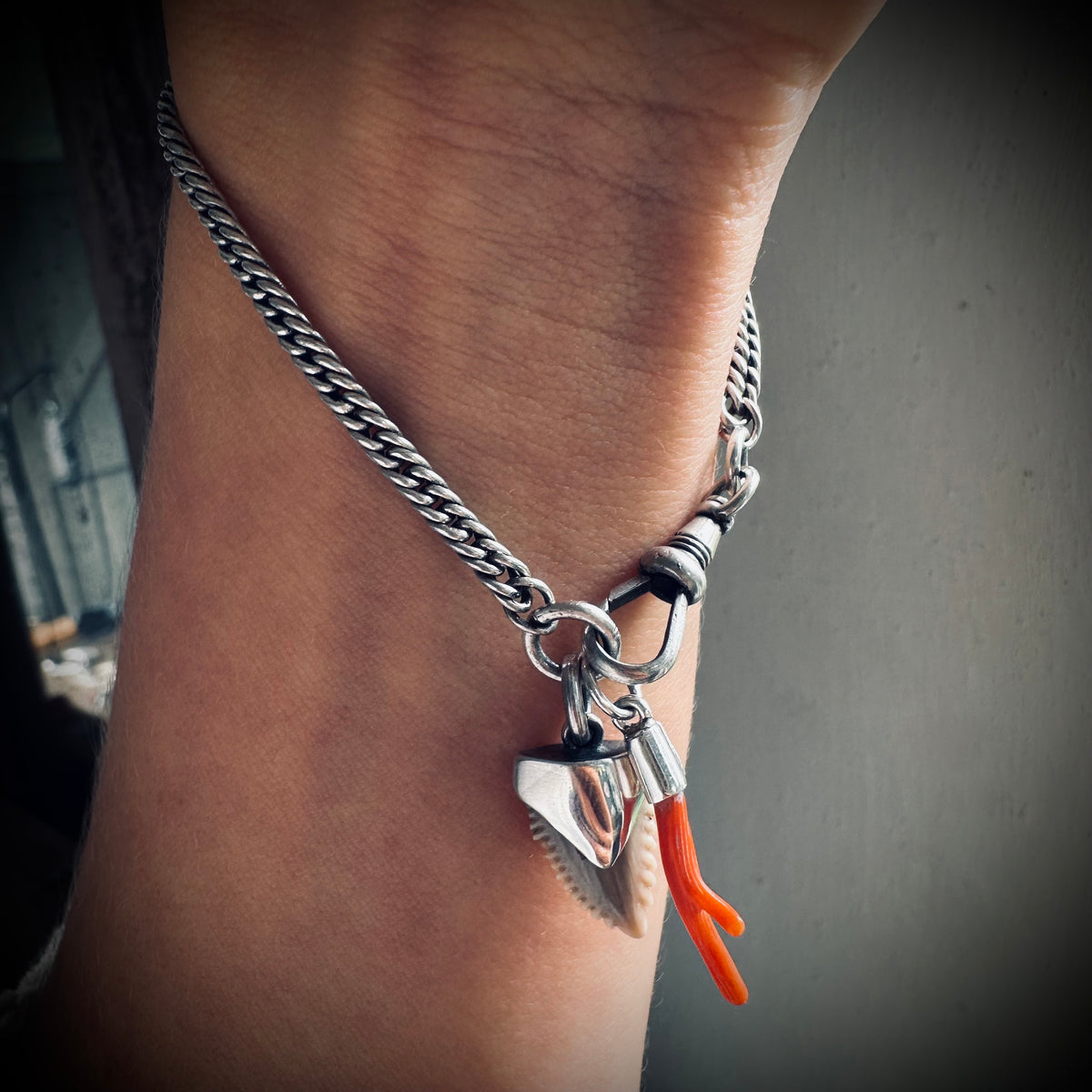 7” Antique sterling silver guard chain bracelet with Albert clip, fossil shark tooth and coral