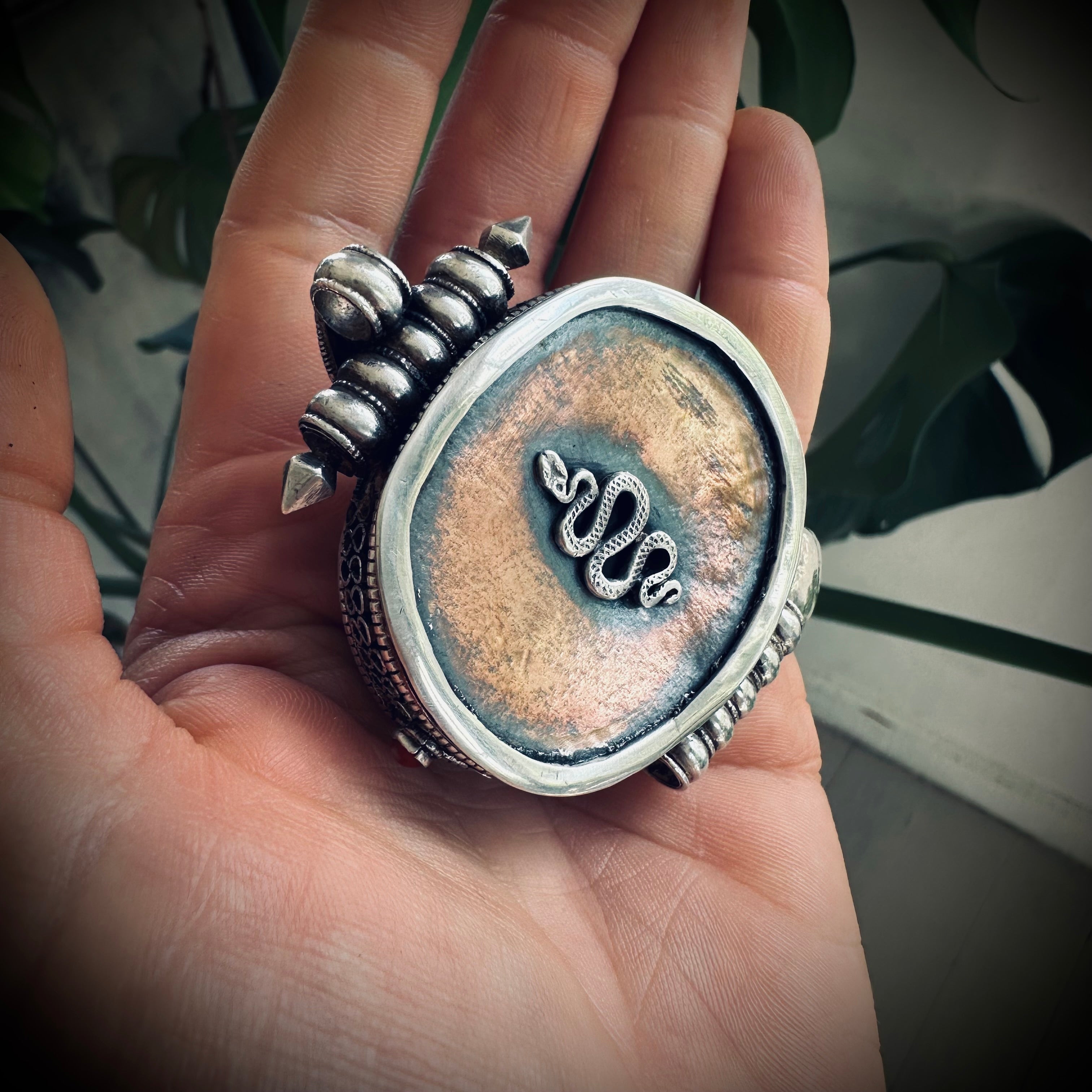 Large heavy vintage Tibetan gau prayer box pendant in sterling silver and copper with snake