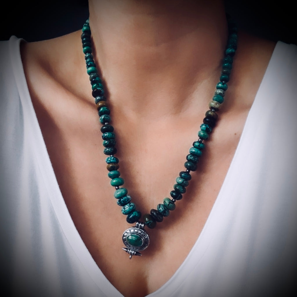 18” vintage chunky turquoise bead necklace with prayer box in sterling silver
