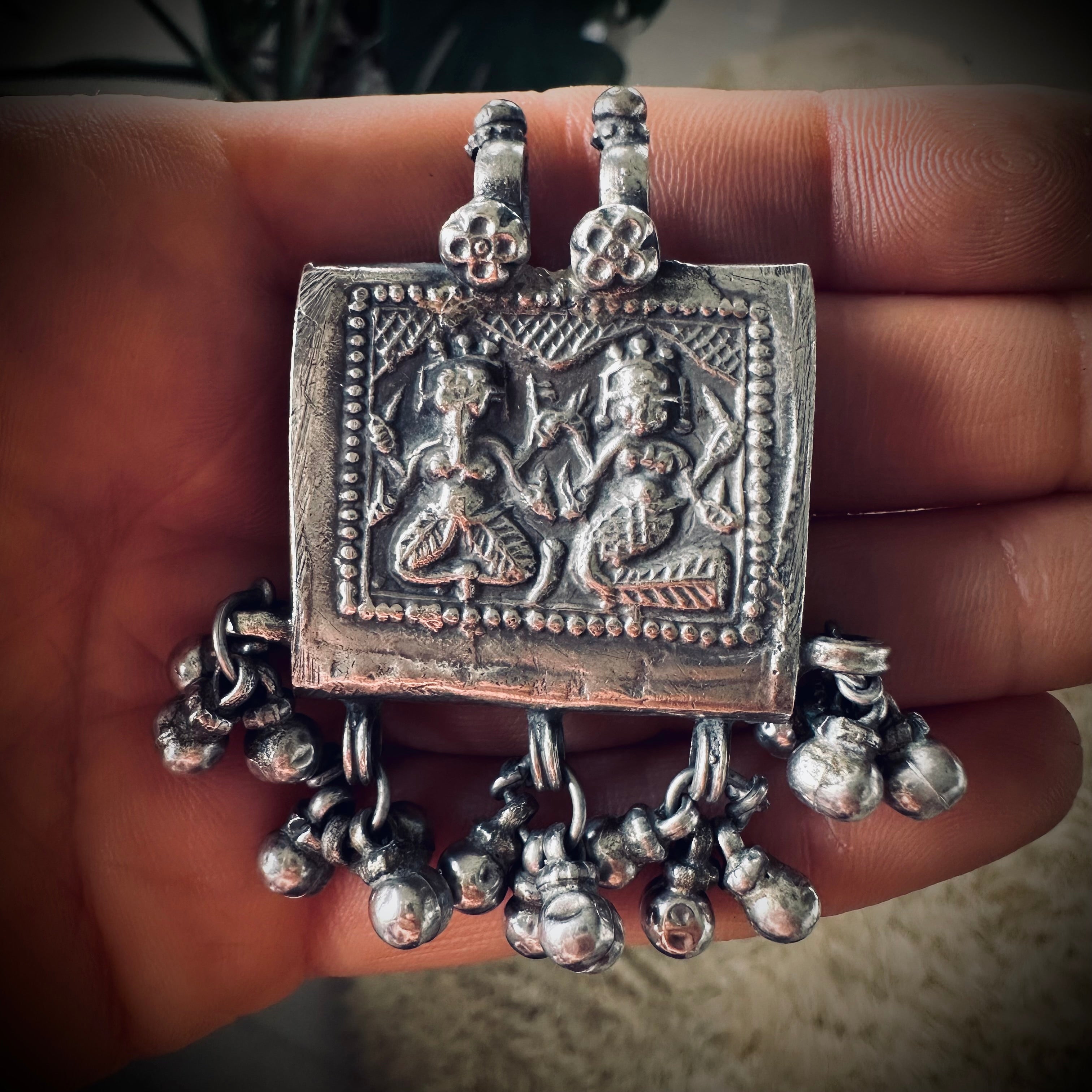 Vintage large silver deity talisman pendant with bells (heavy)