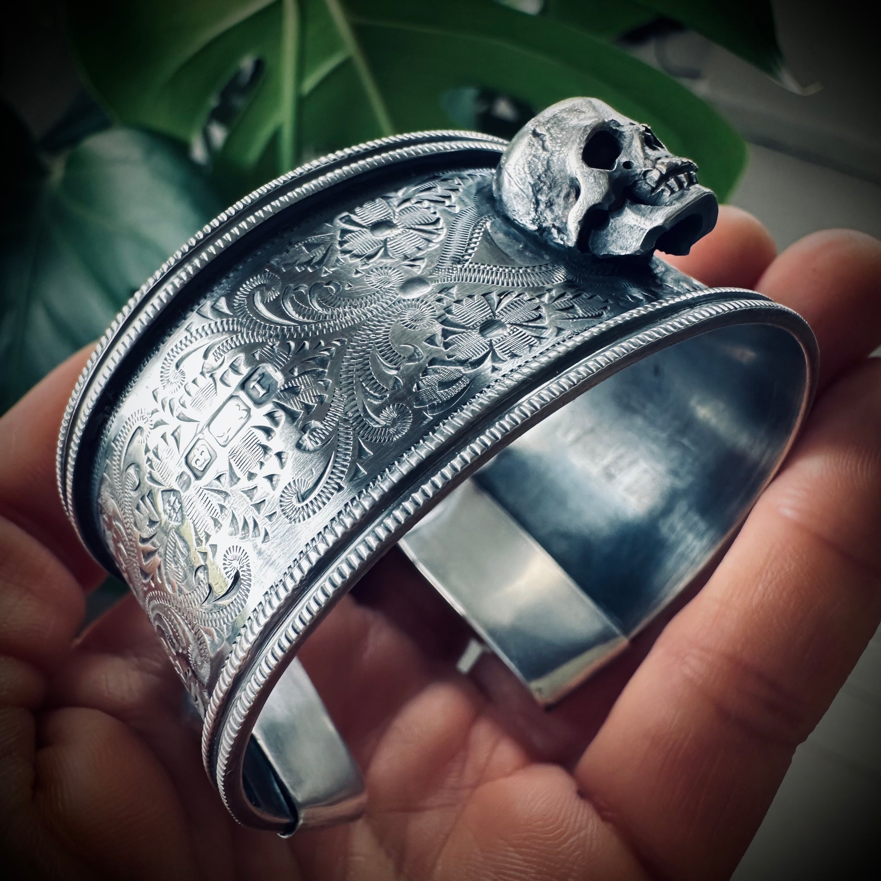 7” adjustable skull bracelet in hallmarked engraved sterling silver