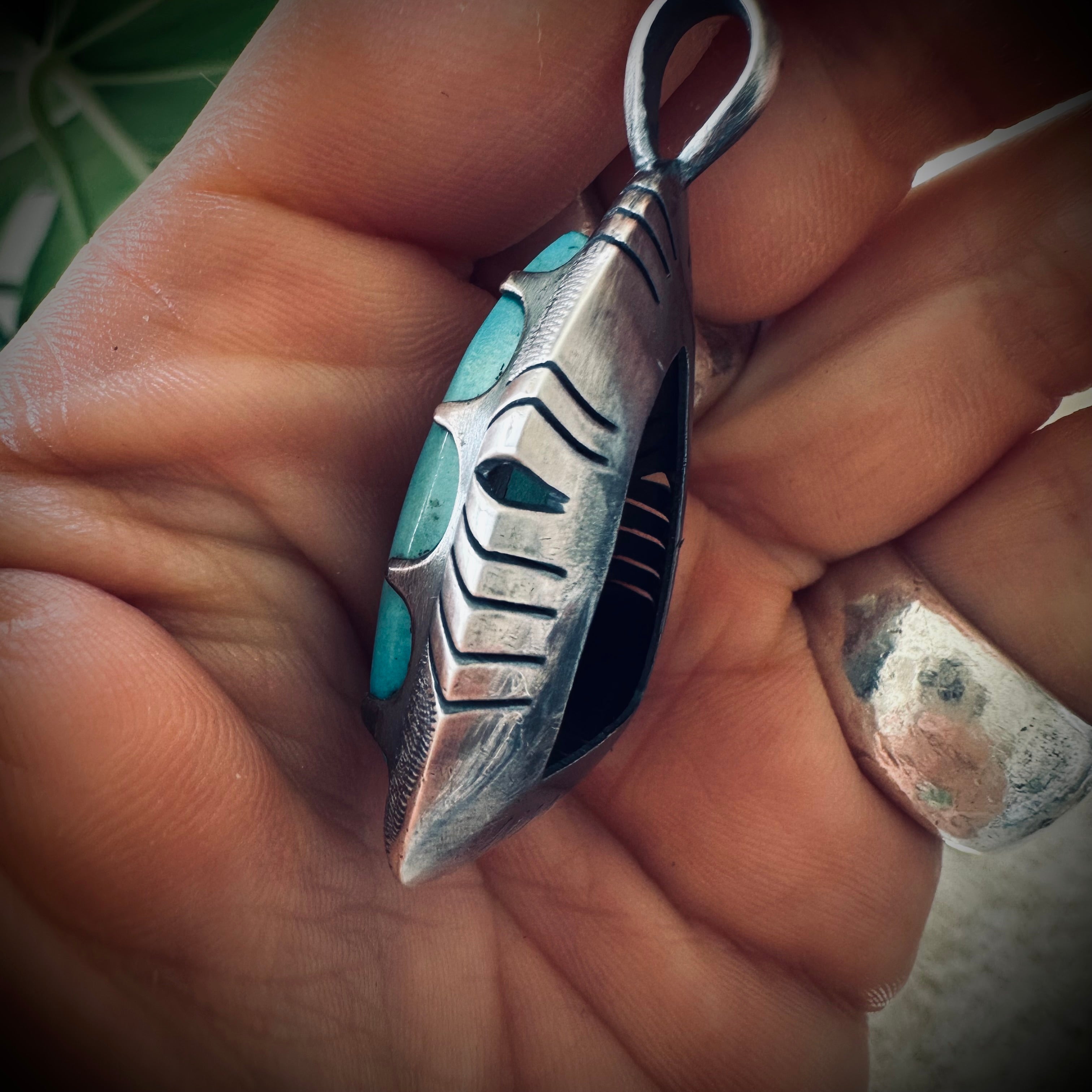 Chunky vintage Native American turquoise pendant in sterling silver