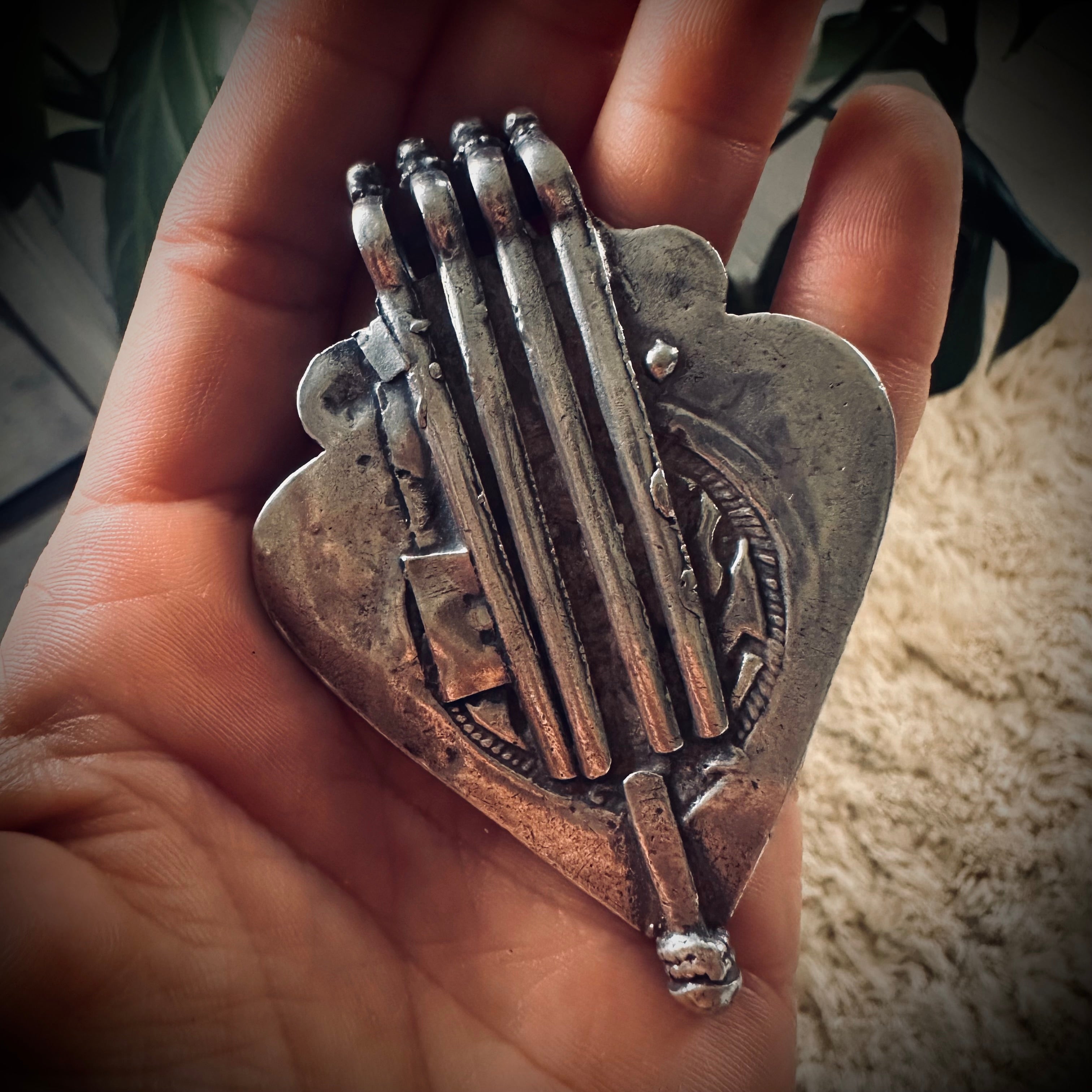 Large vintage Indian talisman pendant with turquoise in sterling silver
