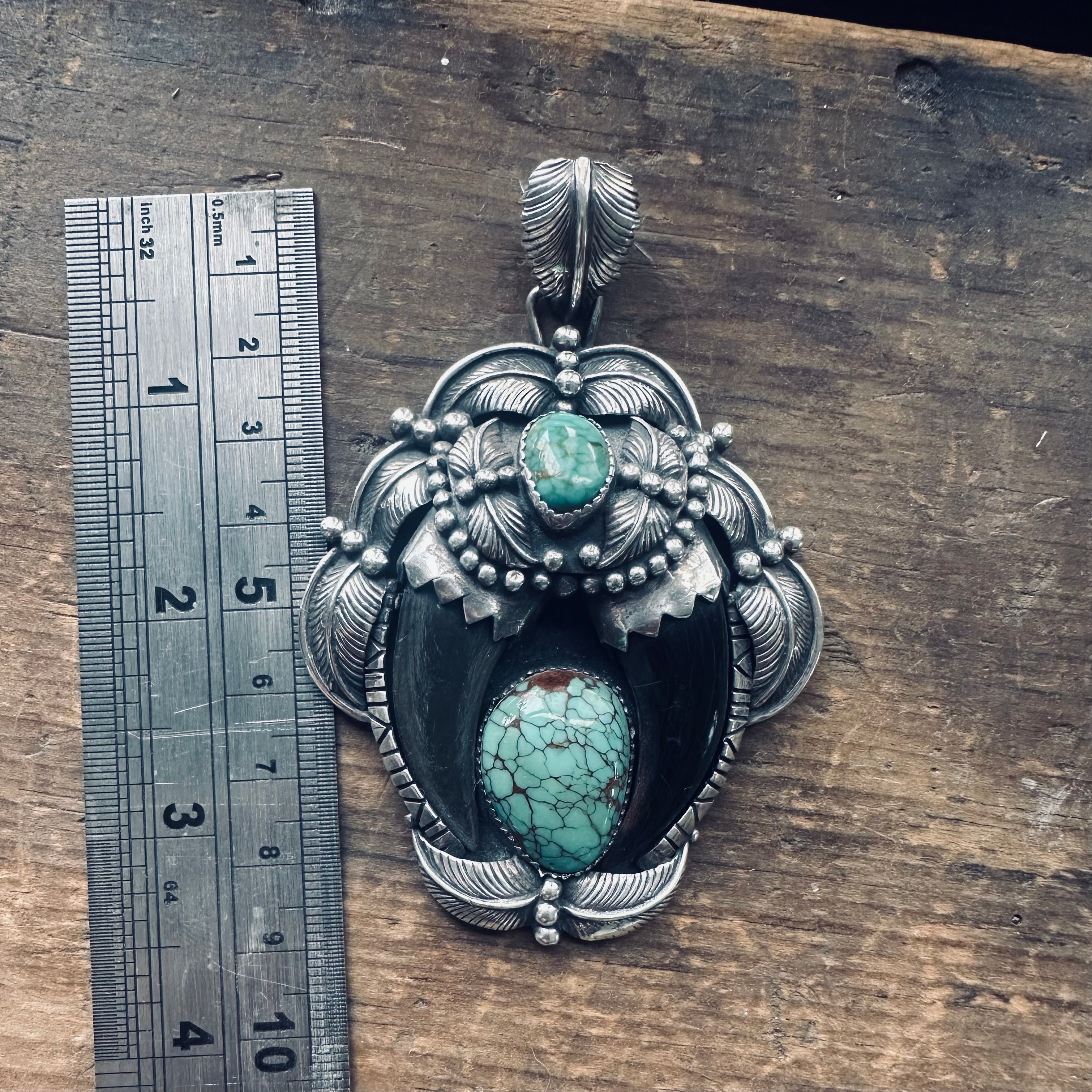 Huge Native American vintage double carved “claw” style pendant with turquoise and beautiful appliqué details in sterling silver