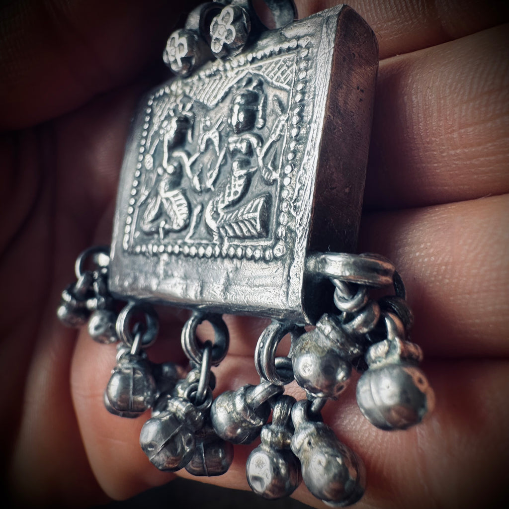 Vintage large silver deity talisman pendant with bells (heavy)