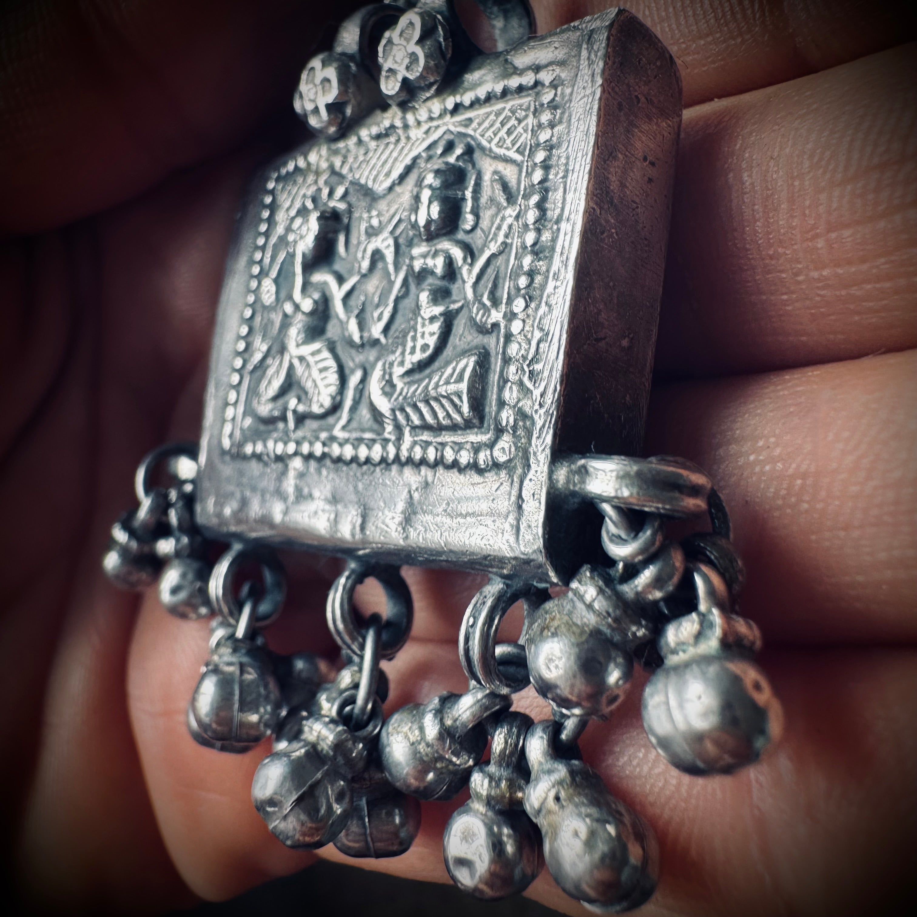 Vintage large silver deity talisman pendant with bells (heavy)