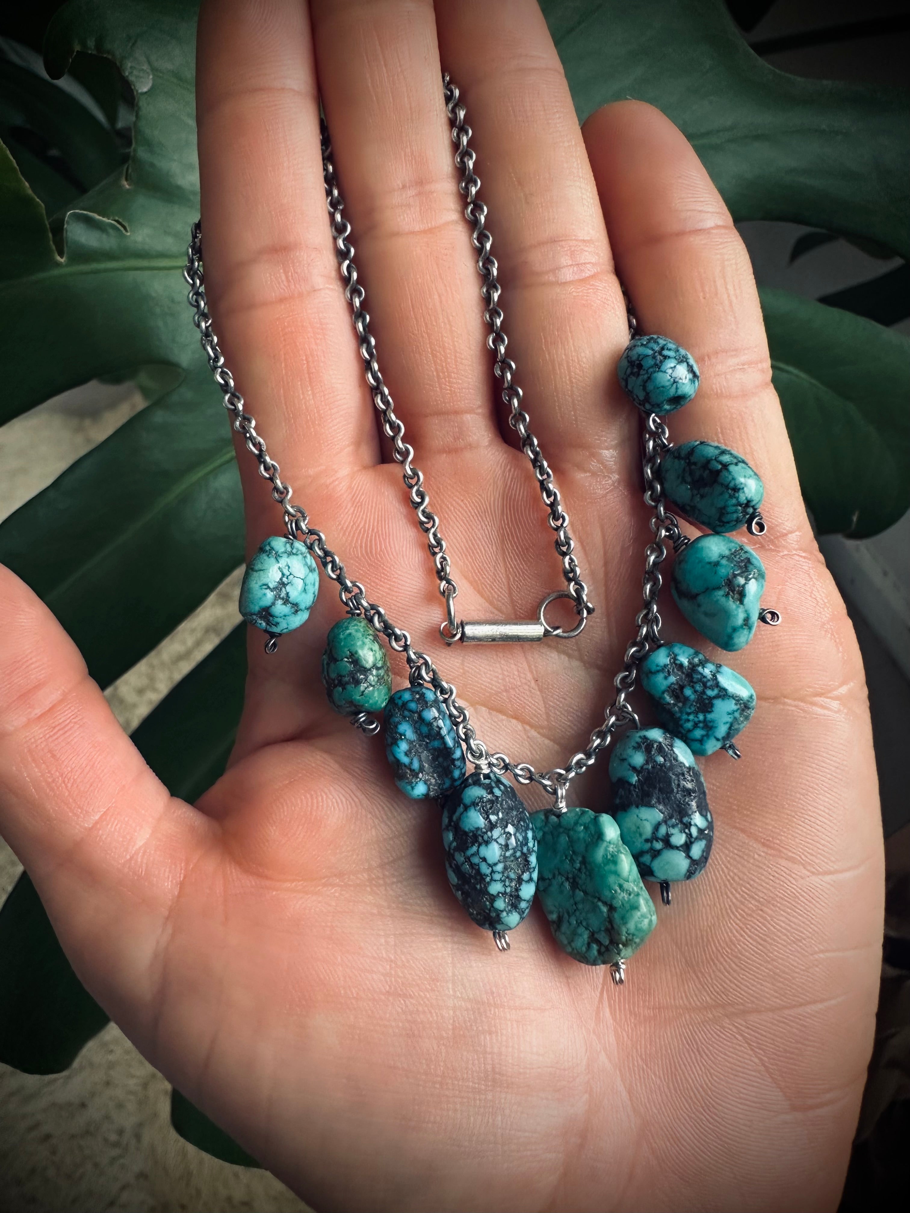 15” Vintage turquoise bead necklace with barrel clasp and sterling silver chain