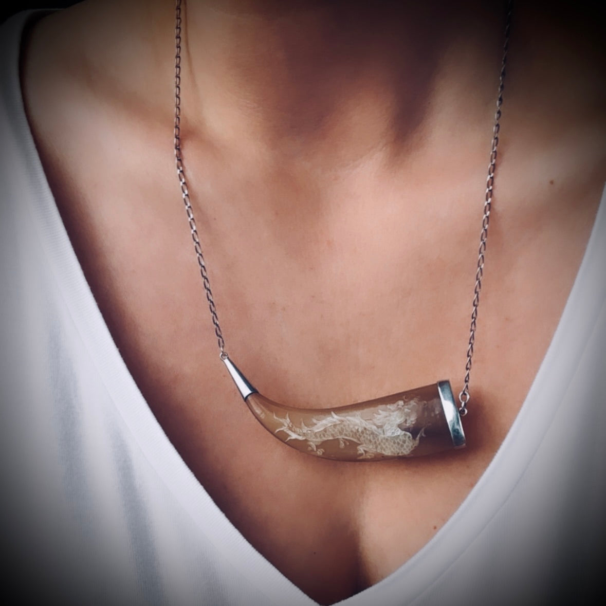 21” reworked vintage horn necklace sterling silver with gorgeous carved dragon