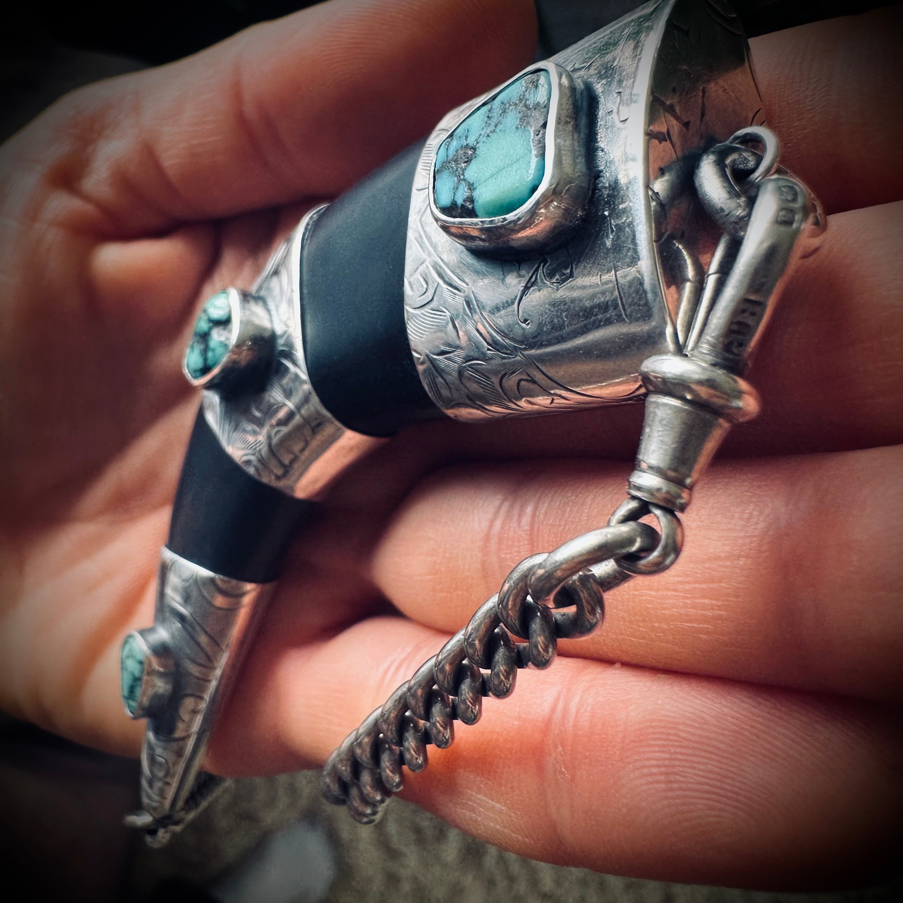 Sterling silver hallmarked black horn style necklace with reclaimed nugget turquoise and antique heavy albert chain - 17 1/2” total length