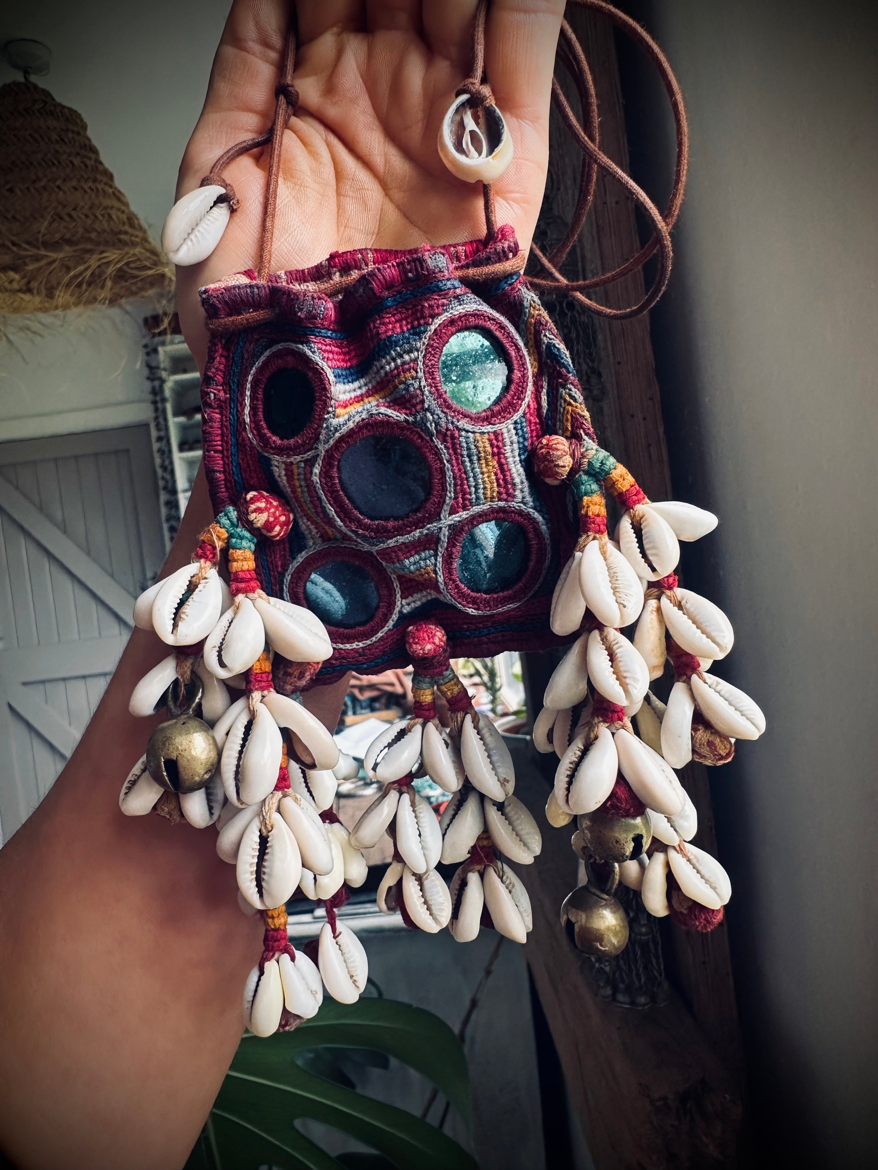 3”x3” Beautiful banjara mini pouch/purse on adjustable string with cowries