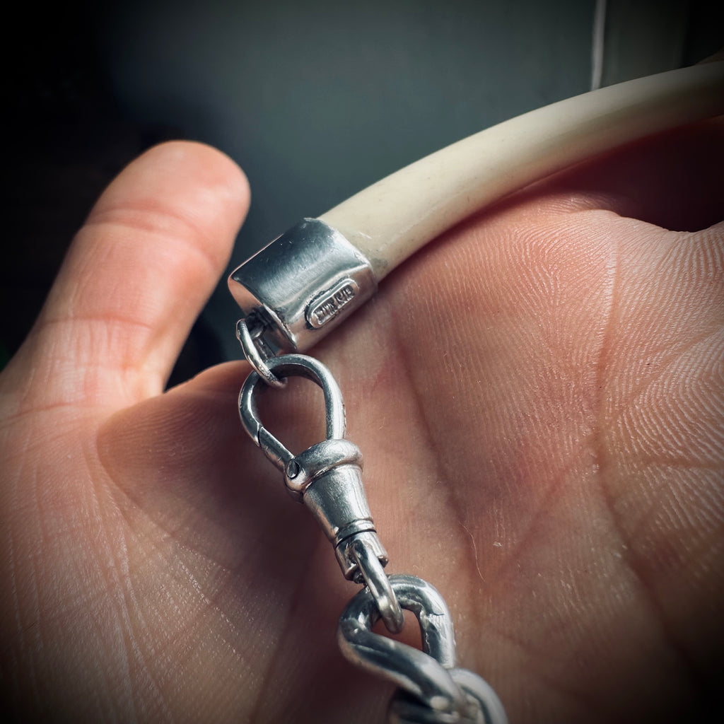 8.5” handmade sterling chain and bone “tusk” bracelet with Albert clip