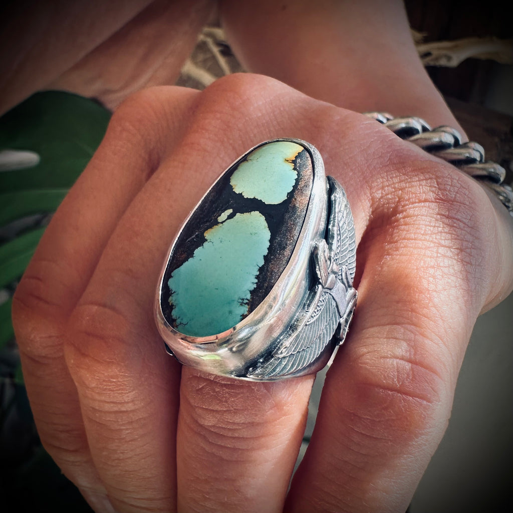Size 6.5 (M 1/2) Sterling silver hallmarked turquoise winged Isis ring