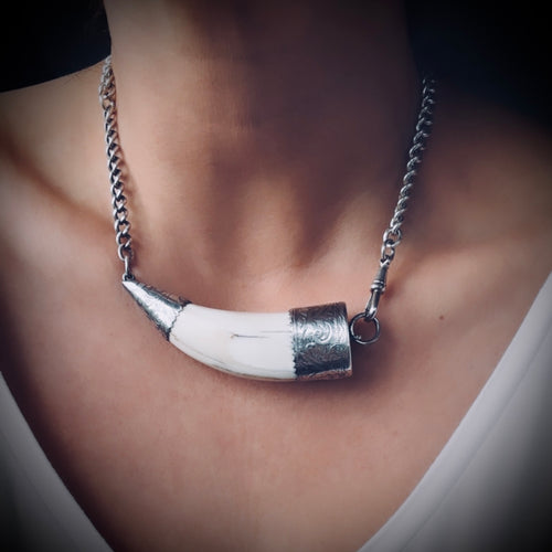 17” reworked vintage tusk necklace in hallmarked sterling silver with gorgeous graduated antique Albert chain
