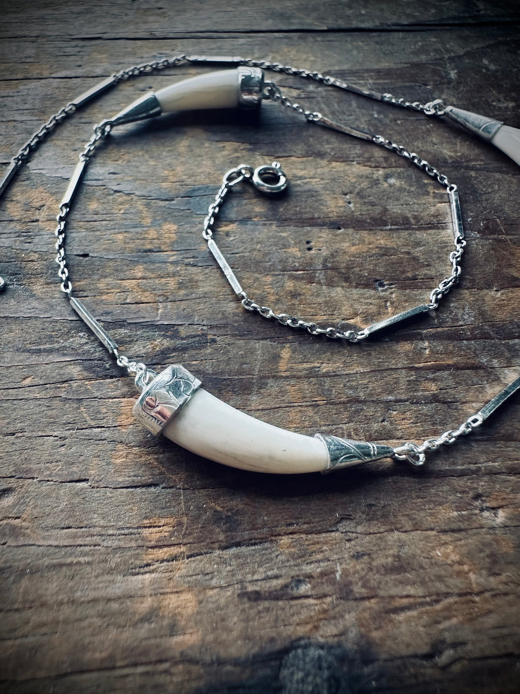 17” reworked vintage chain with 3 bone “tusks” - sterling silver