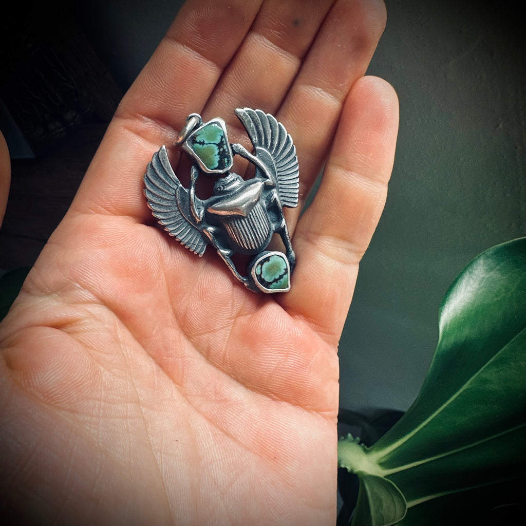 Hallmarked sterling silver and turquoise scarab pendant