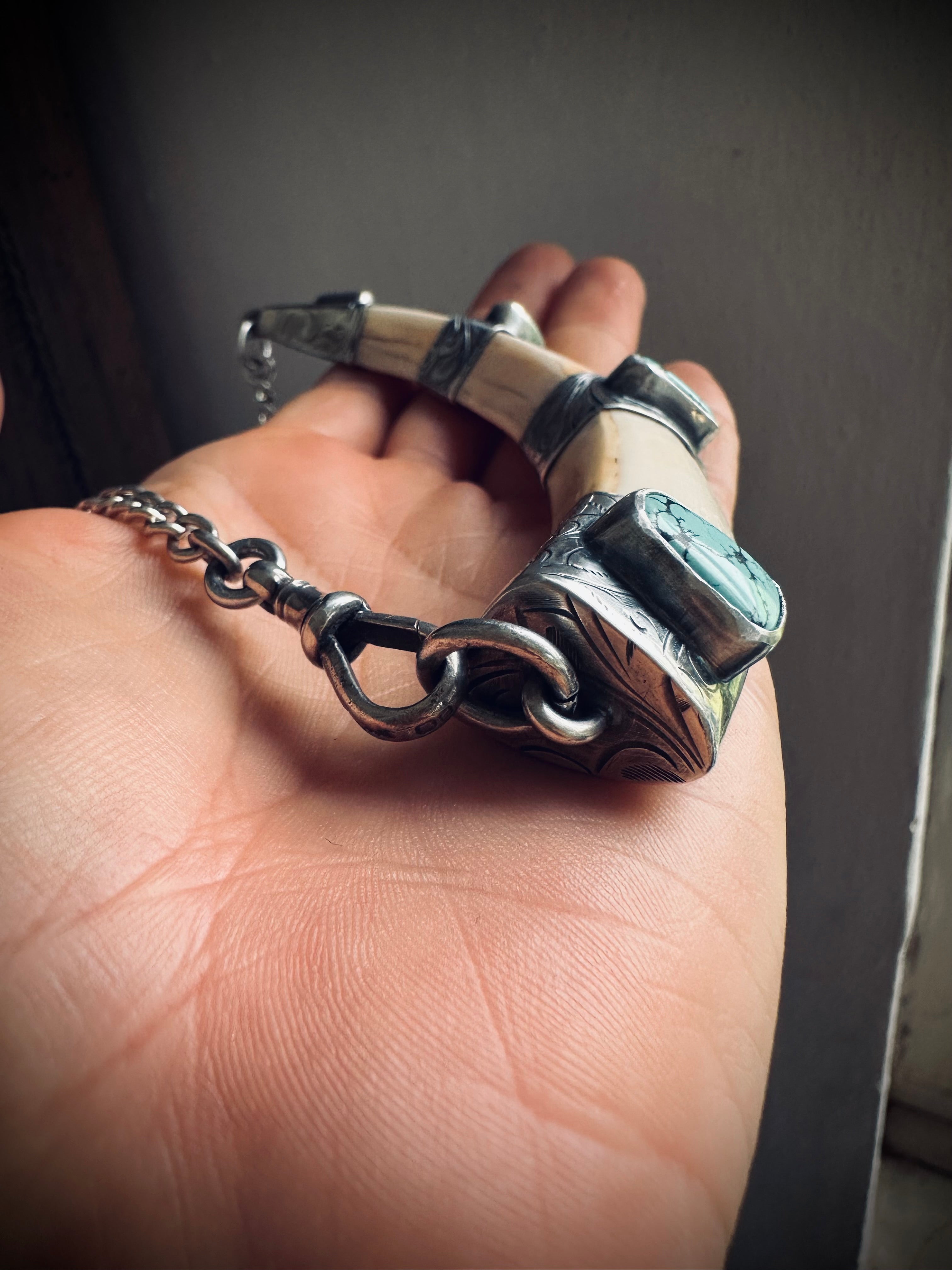 XL 5” reworked vintage tusk with turquoise in hallmarks sterling silver - 18” total length