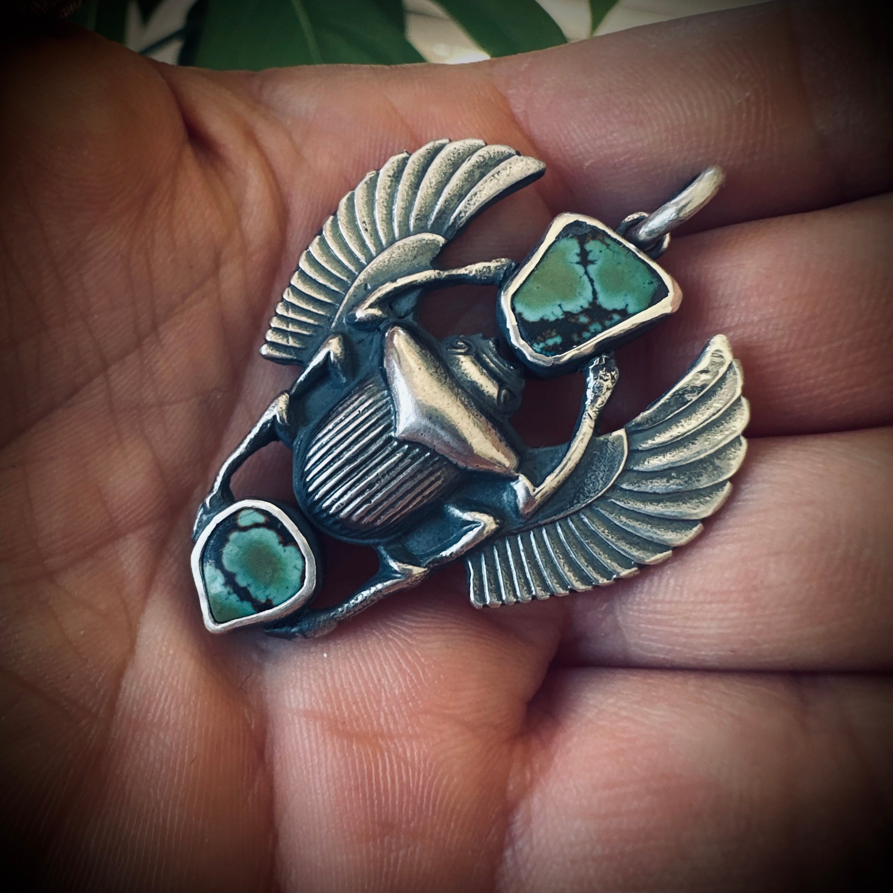 Sterling silver hallmarked scarab pendant with turquoise