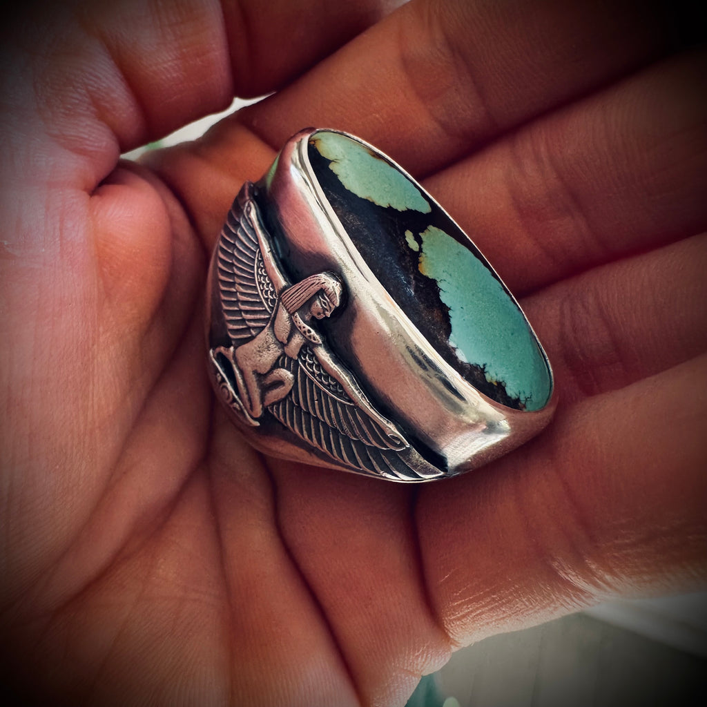 Size 6.5 (M 1/2) Sterling silver hallmarked turquoise winged Isis ring