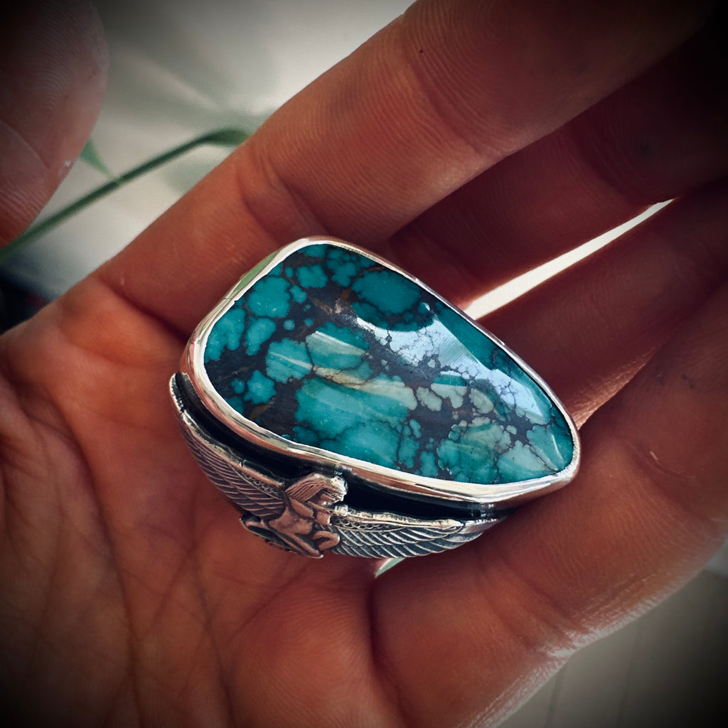 Size 9 (R 1/2) Sterling silver hallmarked turquoise winged Isis ring