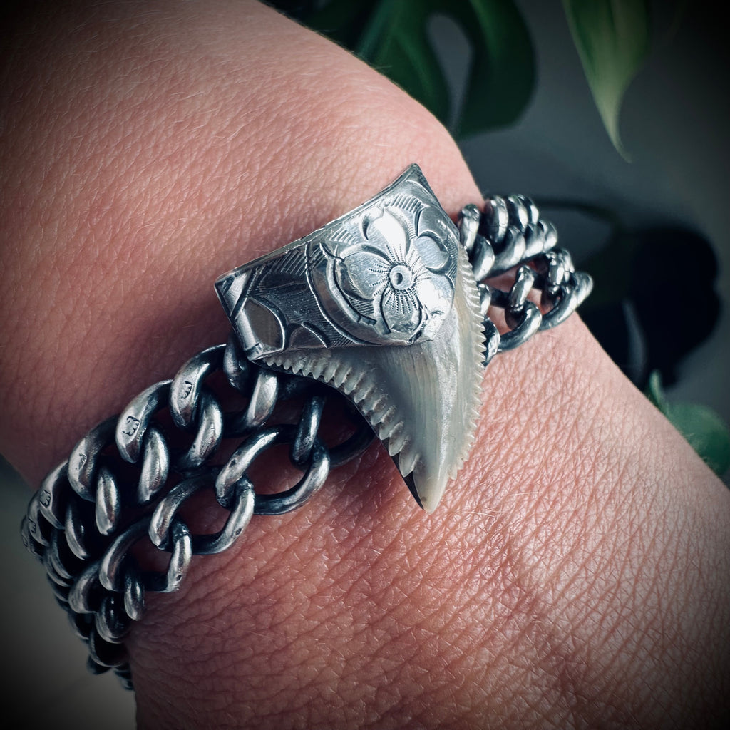 7.5” reworked double chain fossilised tooth bracelet in hallmarked engraved sterling silver with antique clip