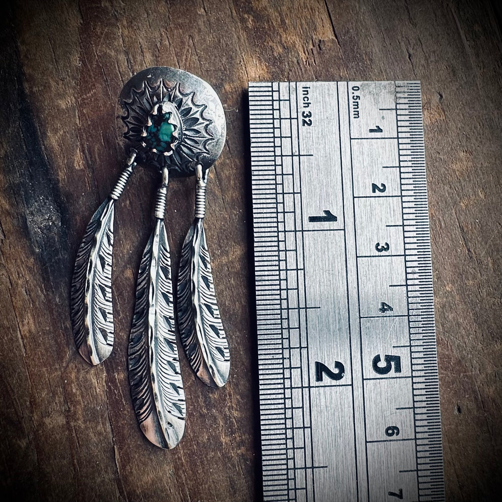 Vintage large statement feather earrings with turquoise in sterling silver