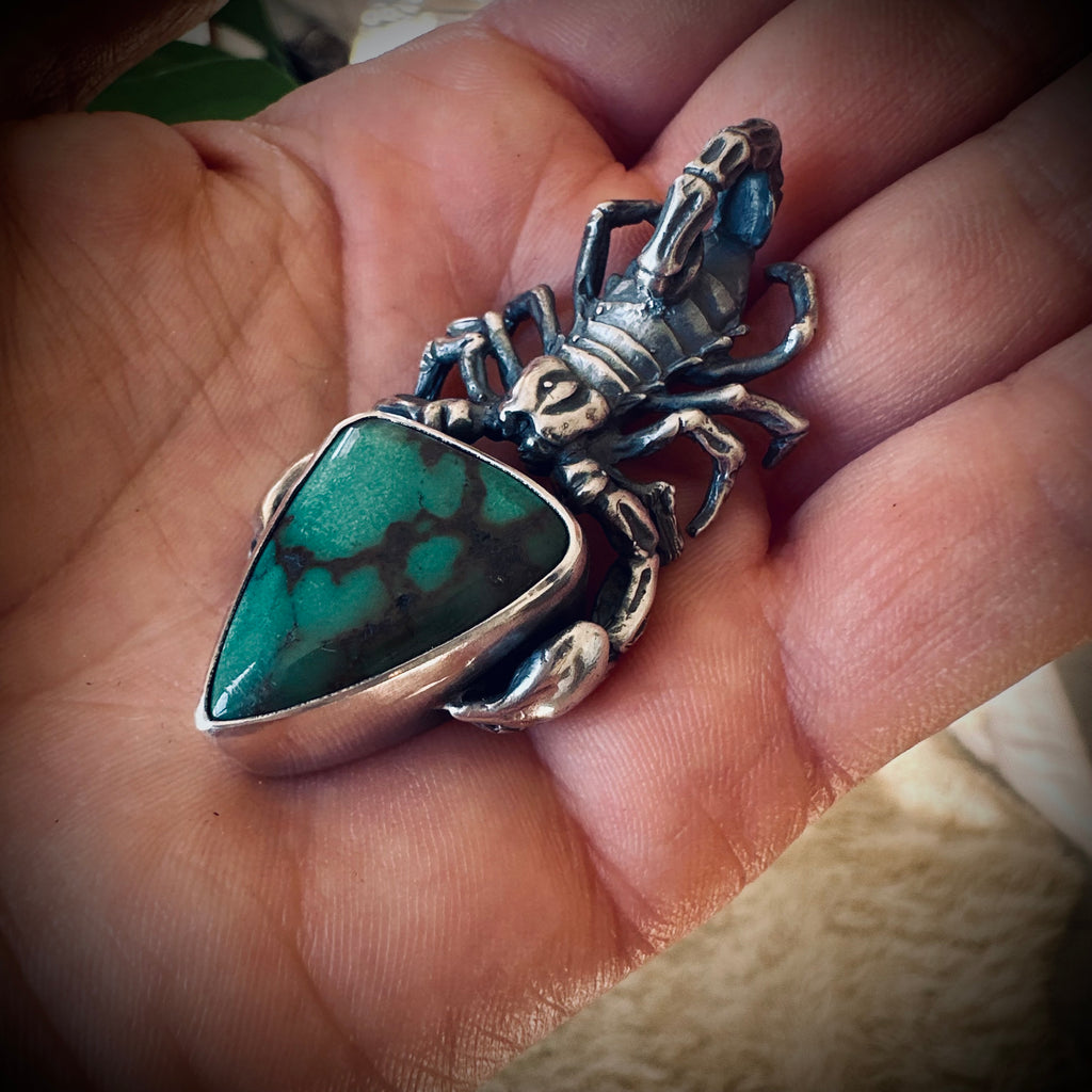 Sterling silver hallmarked scorpion pendant with turquoise