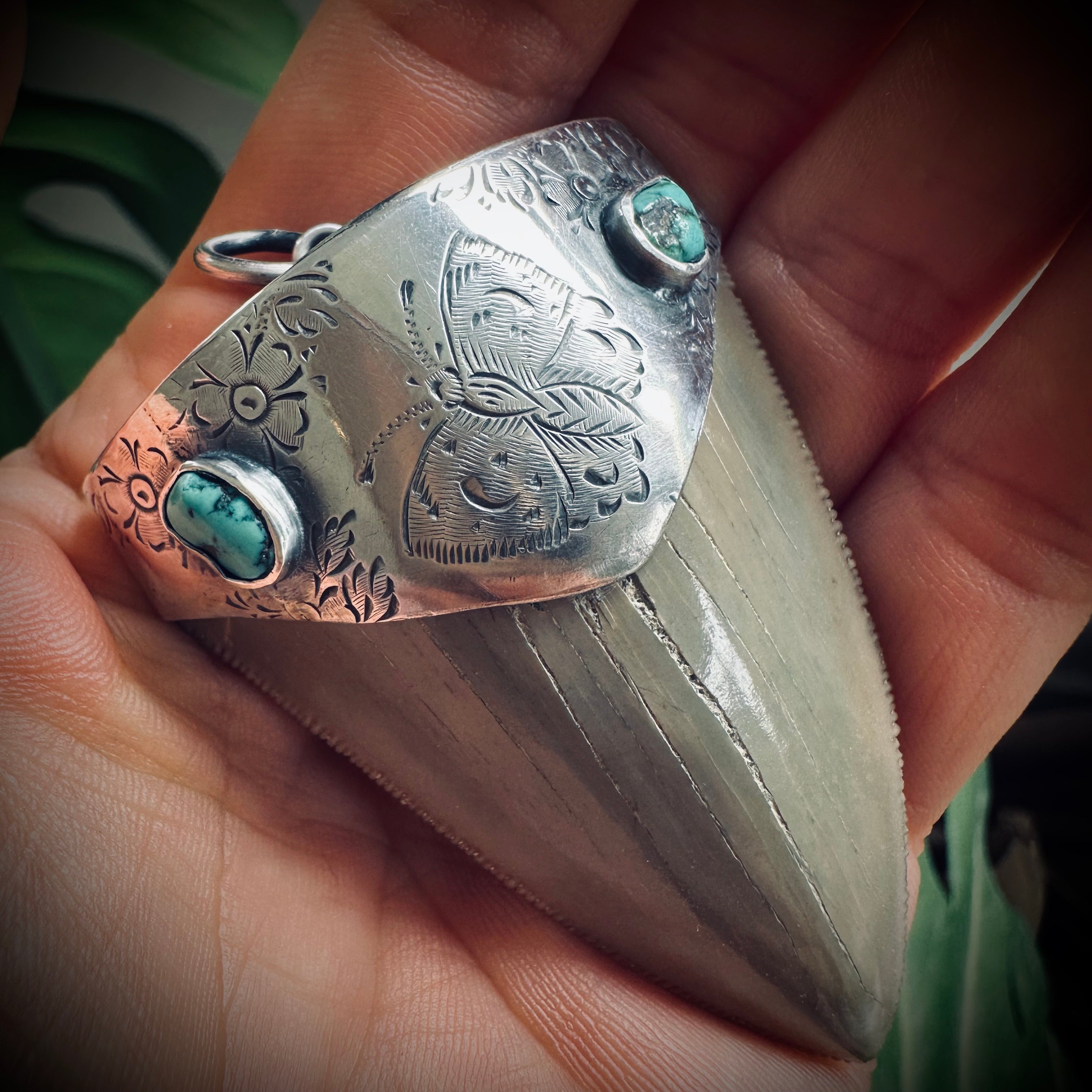 Fossilised shark tooth pendant in engraved hallmarked sterling silver