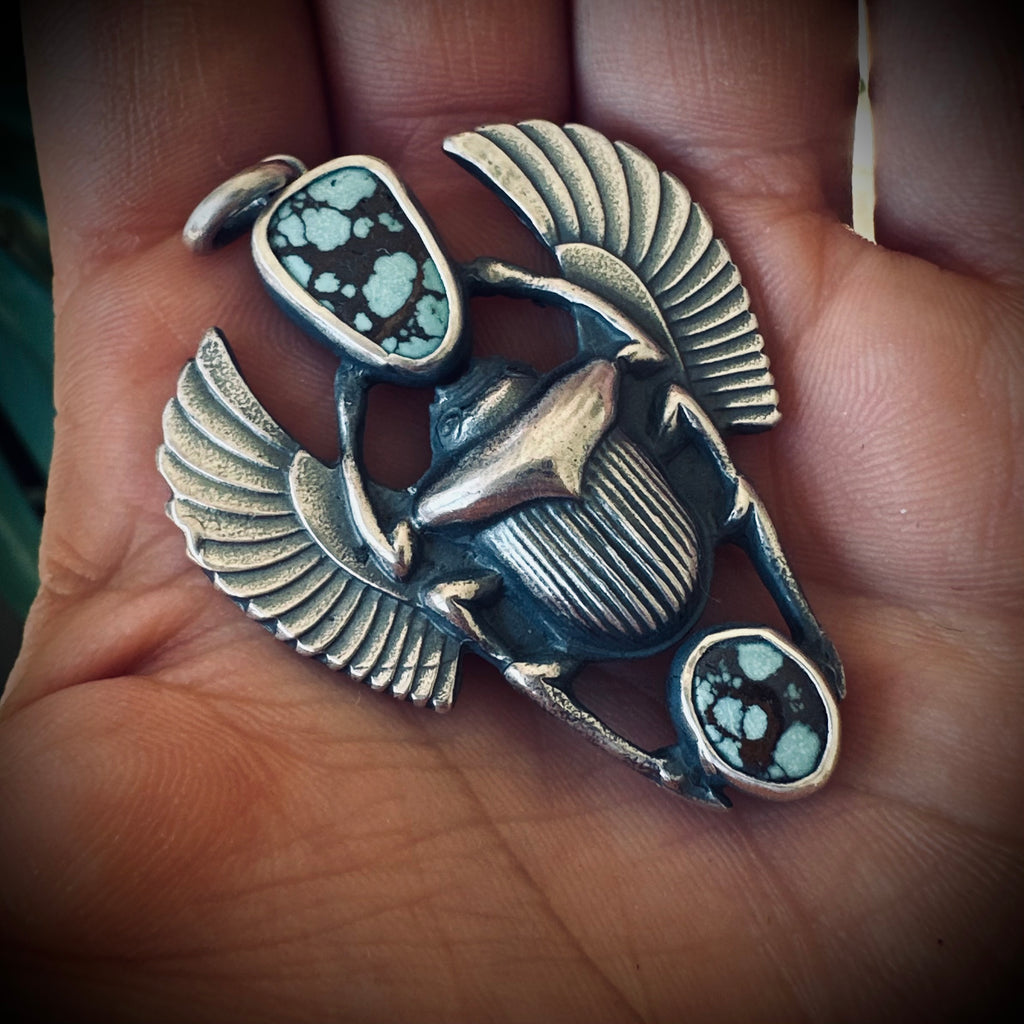 Sterling silver hallmarked scarab pendant with turquoise