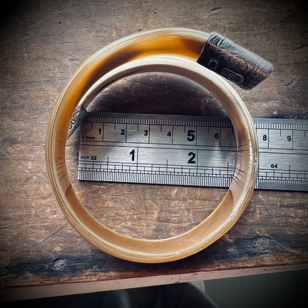 8” reworked butterscotch horn bangle in hallmarked engraved sterling silver