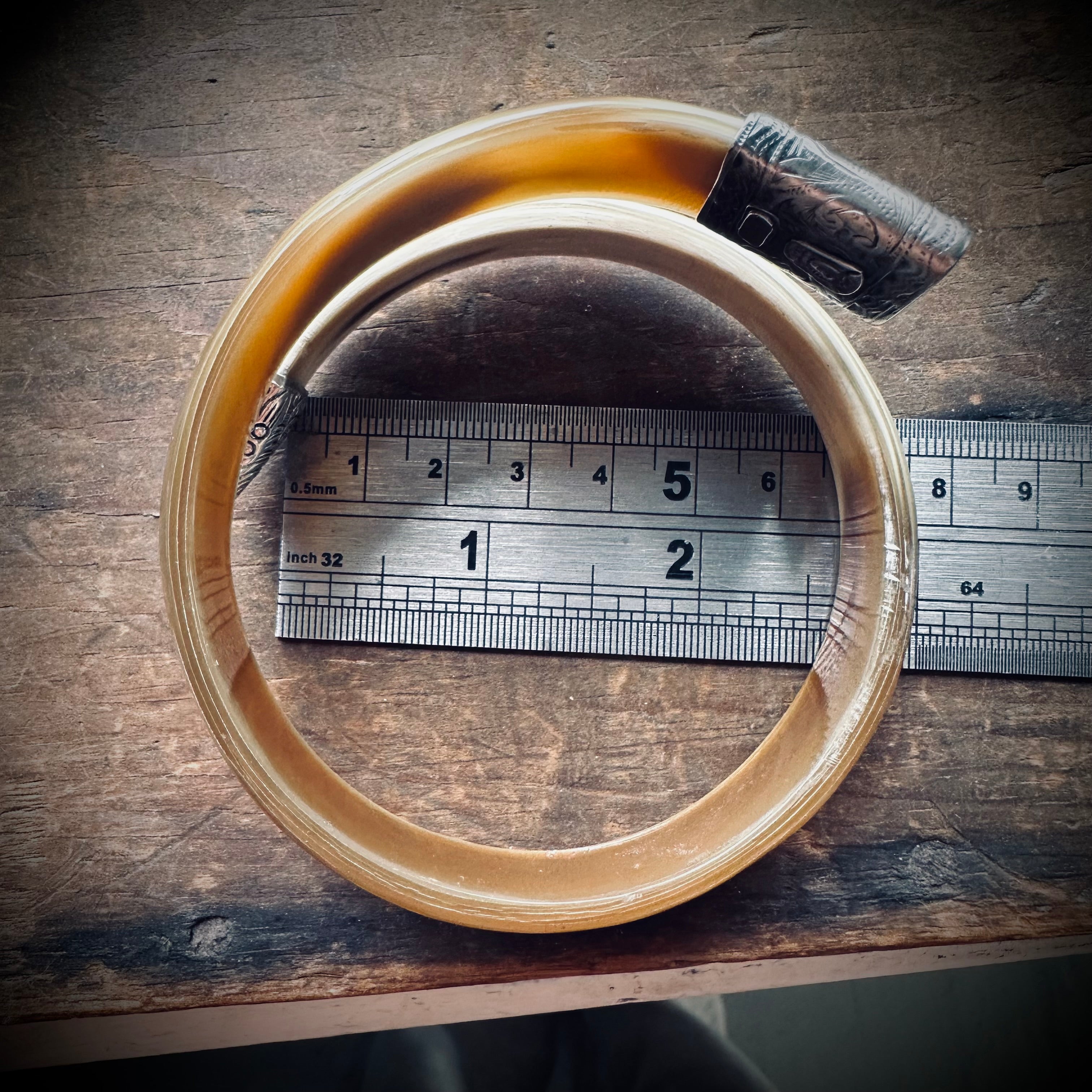 8” reworked butterscotch horn bangle in hallmarked engraved sterling silver