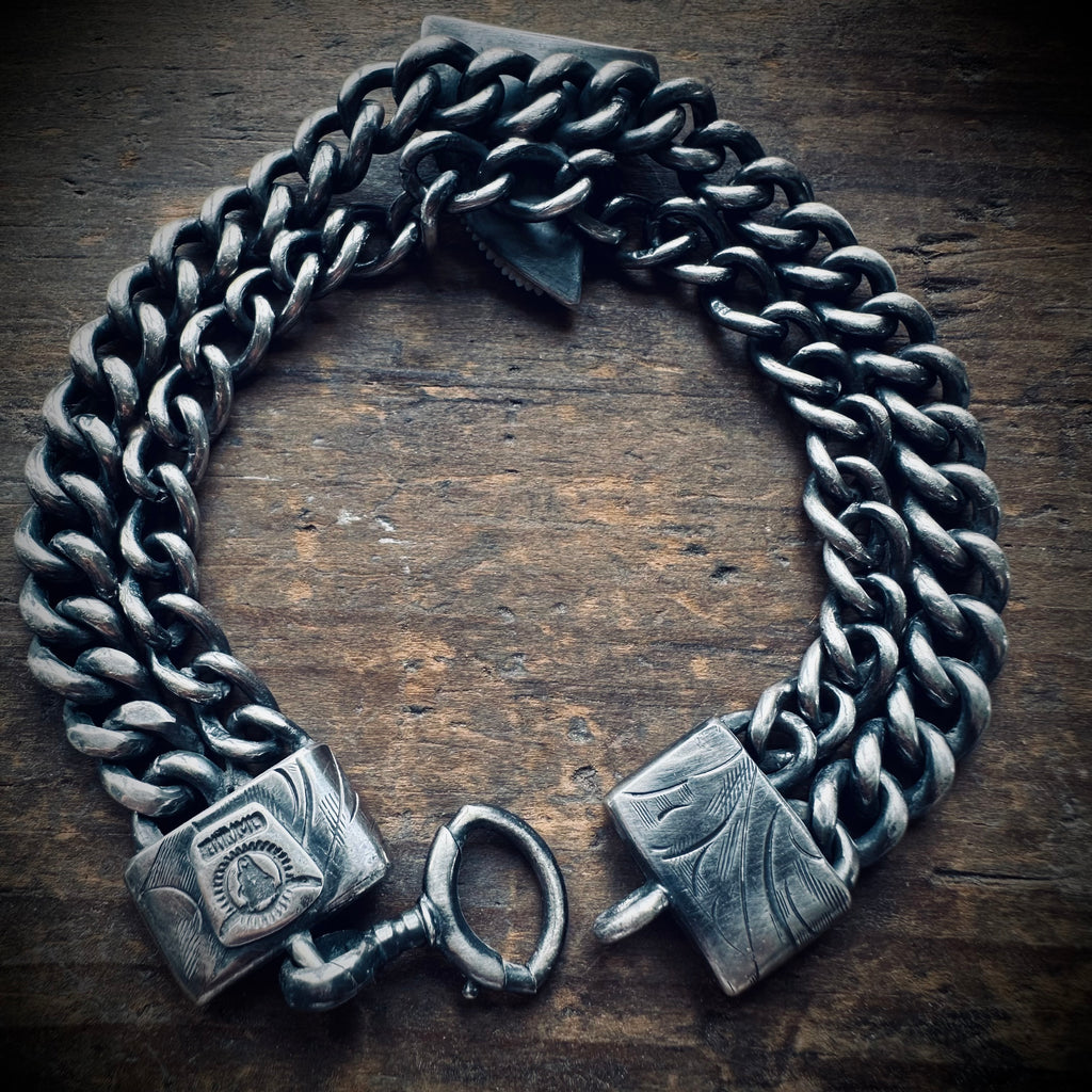 7.5” reworked double chain fossilised tooth bracelet in hallmarked engraved sterling silver with antique clip