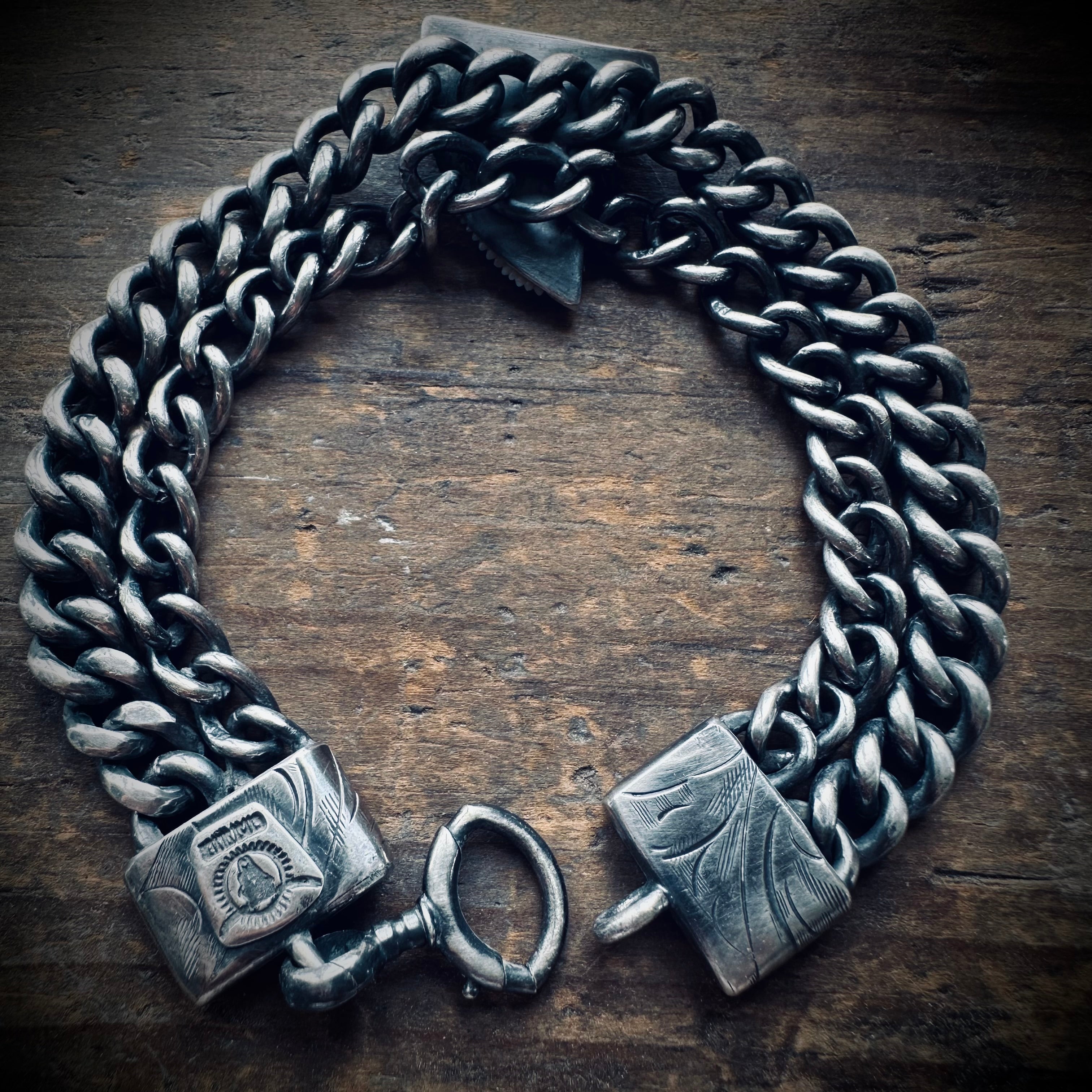 7.5” reworked double chain fossilised tooth bracelet in hallmarked engraved sterling silver with antique clip