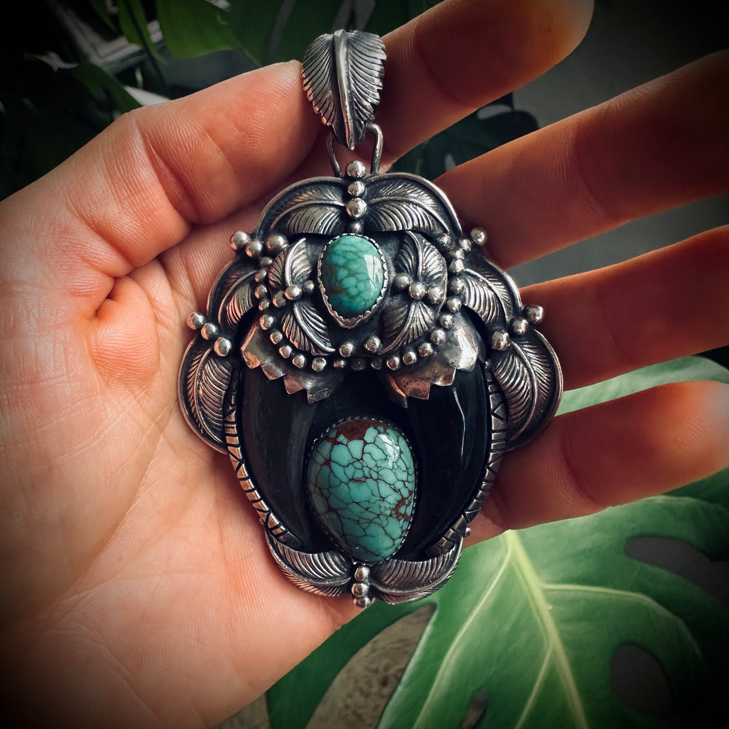 Huge Native American vintage double carved “claw” style pendant with turquoise and beautiful appliqué details in sterling silver