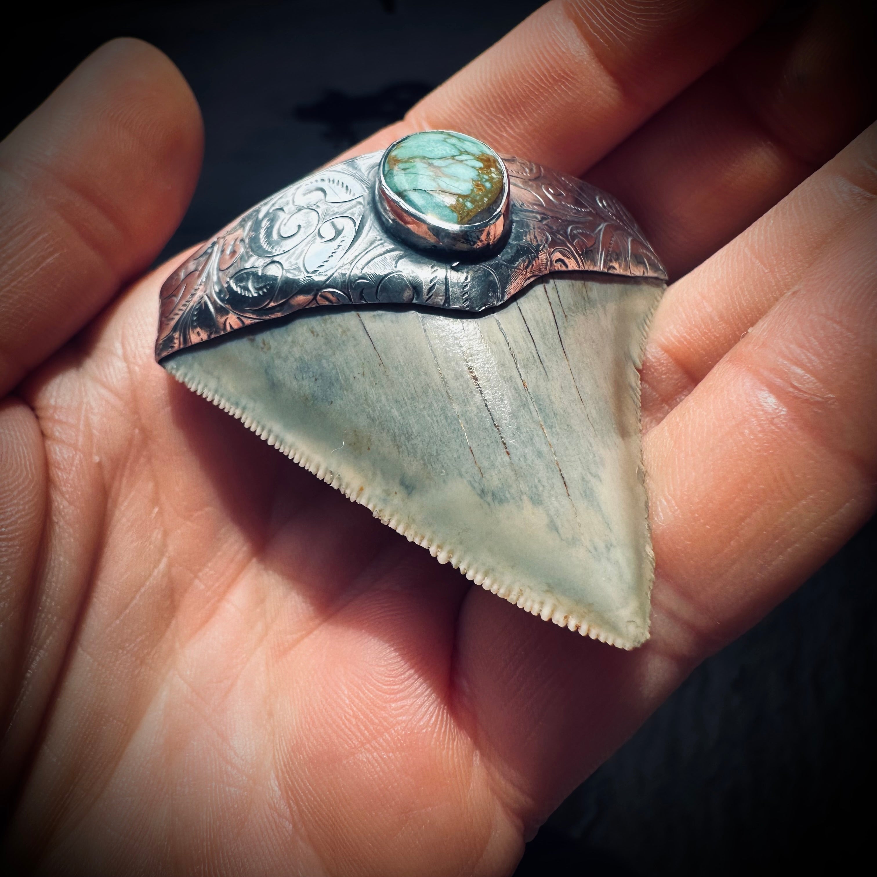 Sterling silver hallmarked fossil shark tooth pendant with turquoise