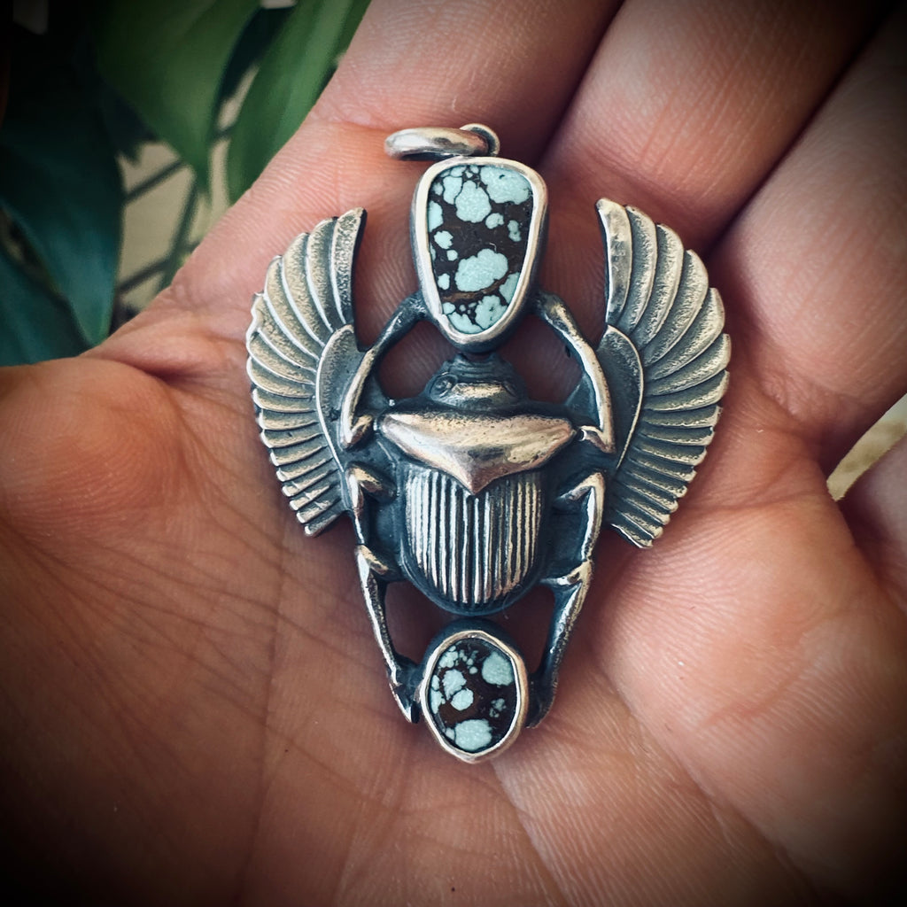 Sterling silver hallmarked scarab pendant with turquoise
