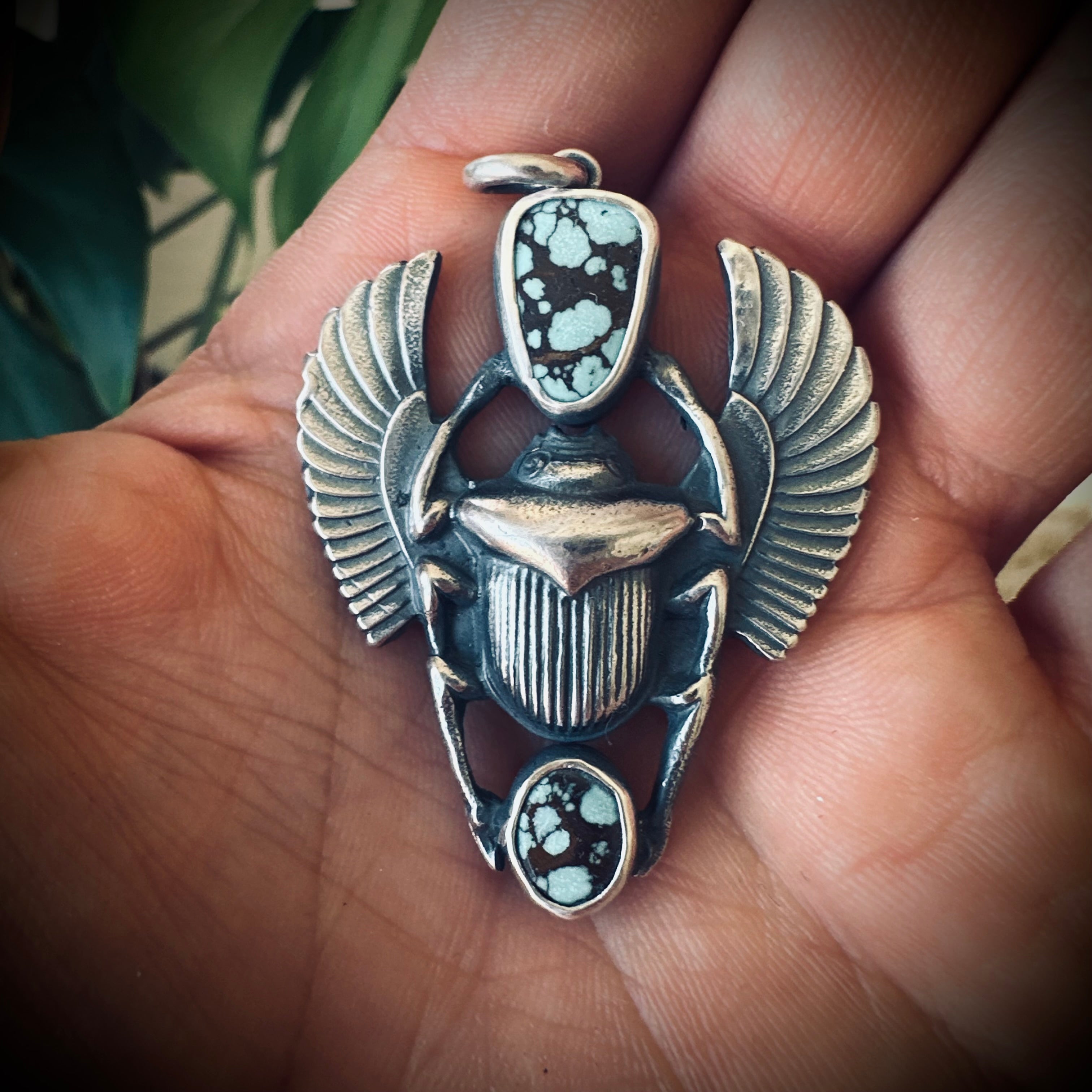 Sterling silver hallmarked scarab pendant with turquoise