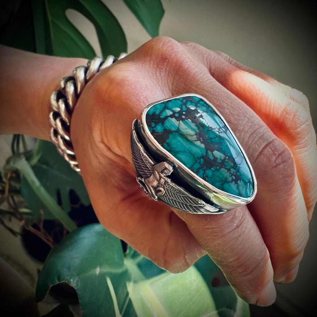 Size 9 (R 1/2) Sterling silver hallmarked turquoise winged Isis ring