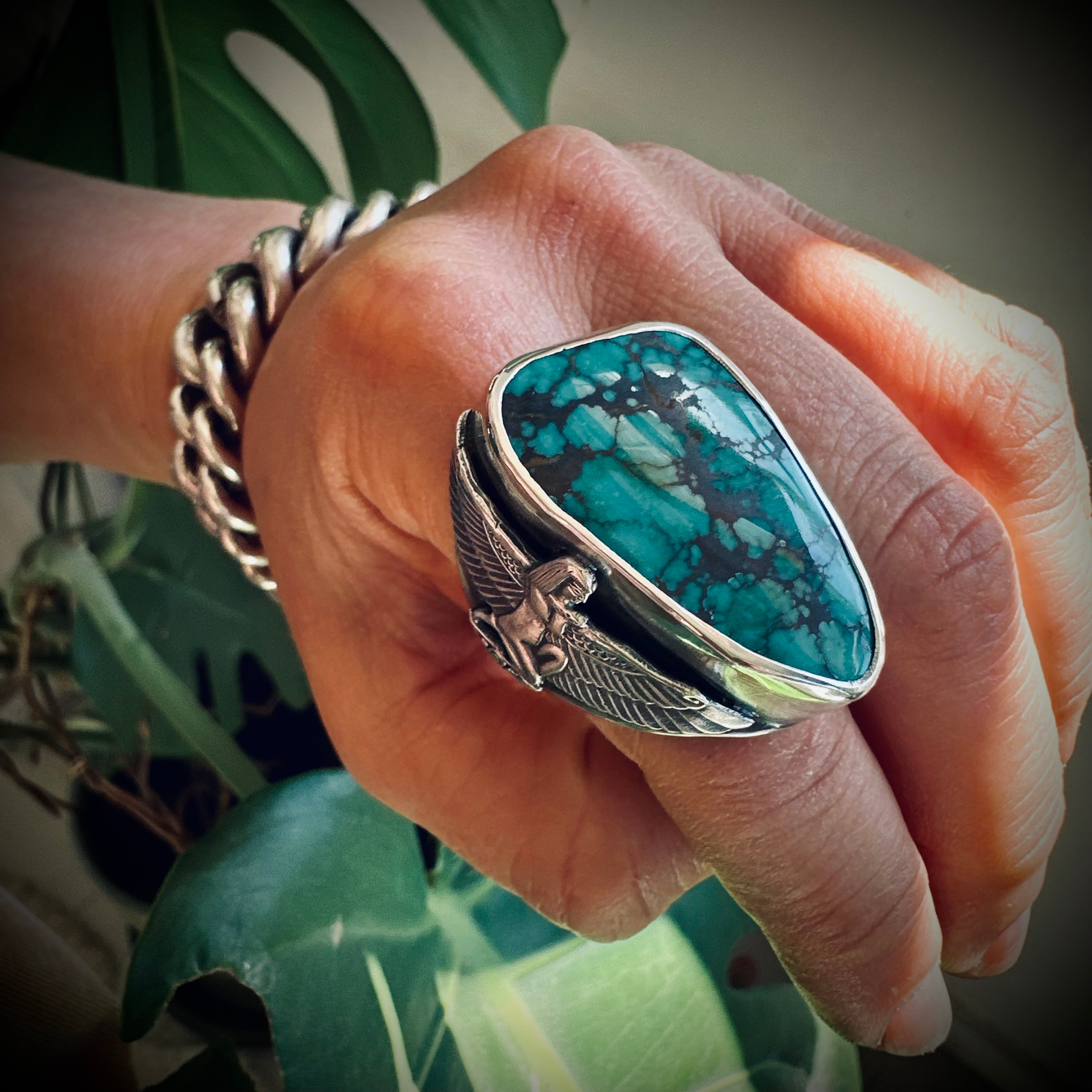 Size 9 (R 1/2) Sterling silver hallmarked turquoise winged Isis ring