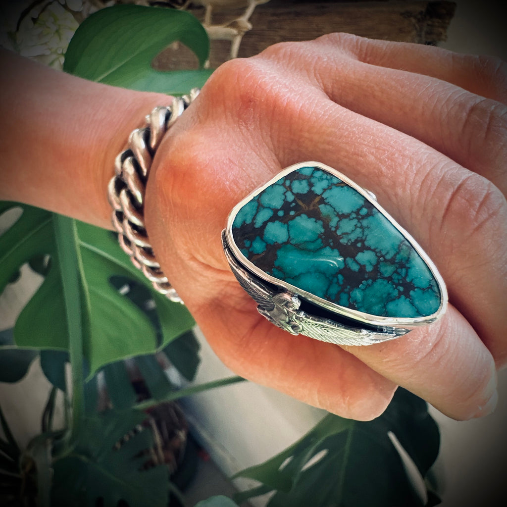 Size 9 (R 1/2) Sterling silver hallmarked turquoise winged Isis ring