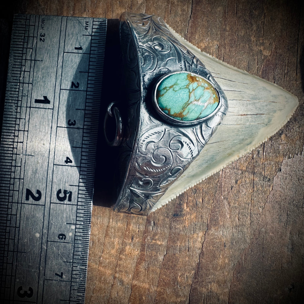 Sterling silver hallmarked fossil shark tooth pendant with turquoise