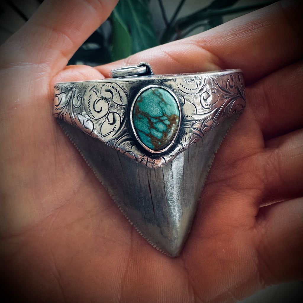 Sterling silver hallmarked fossil shark tooth pendant with turquoise