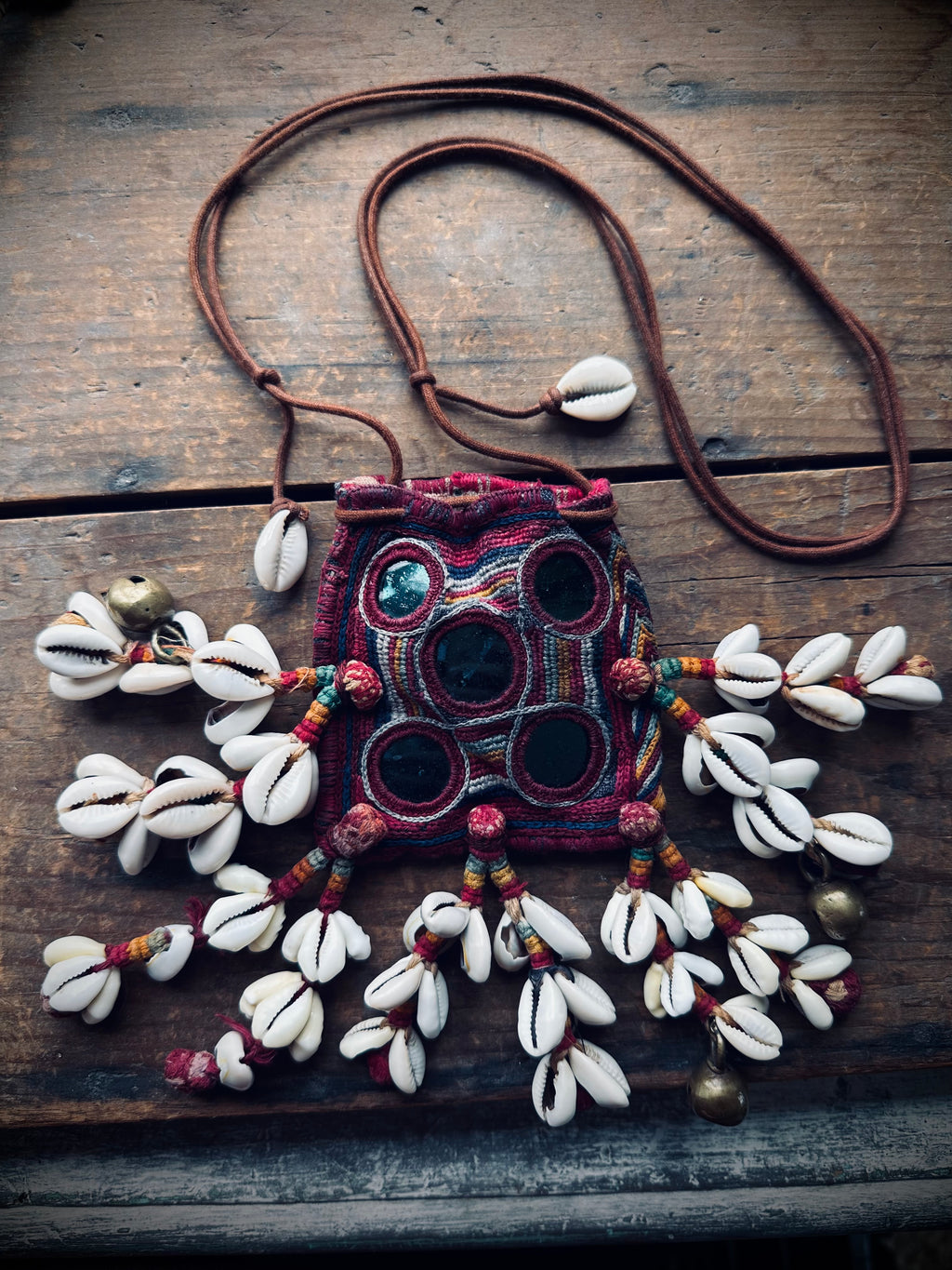 3”x3” Beautiful banjara mini pouch/purse on adjustable string with cowries