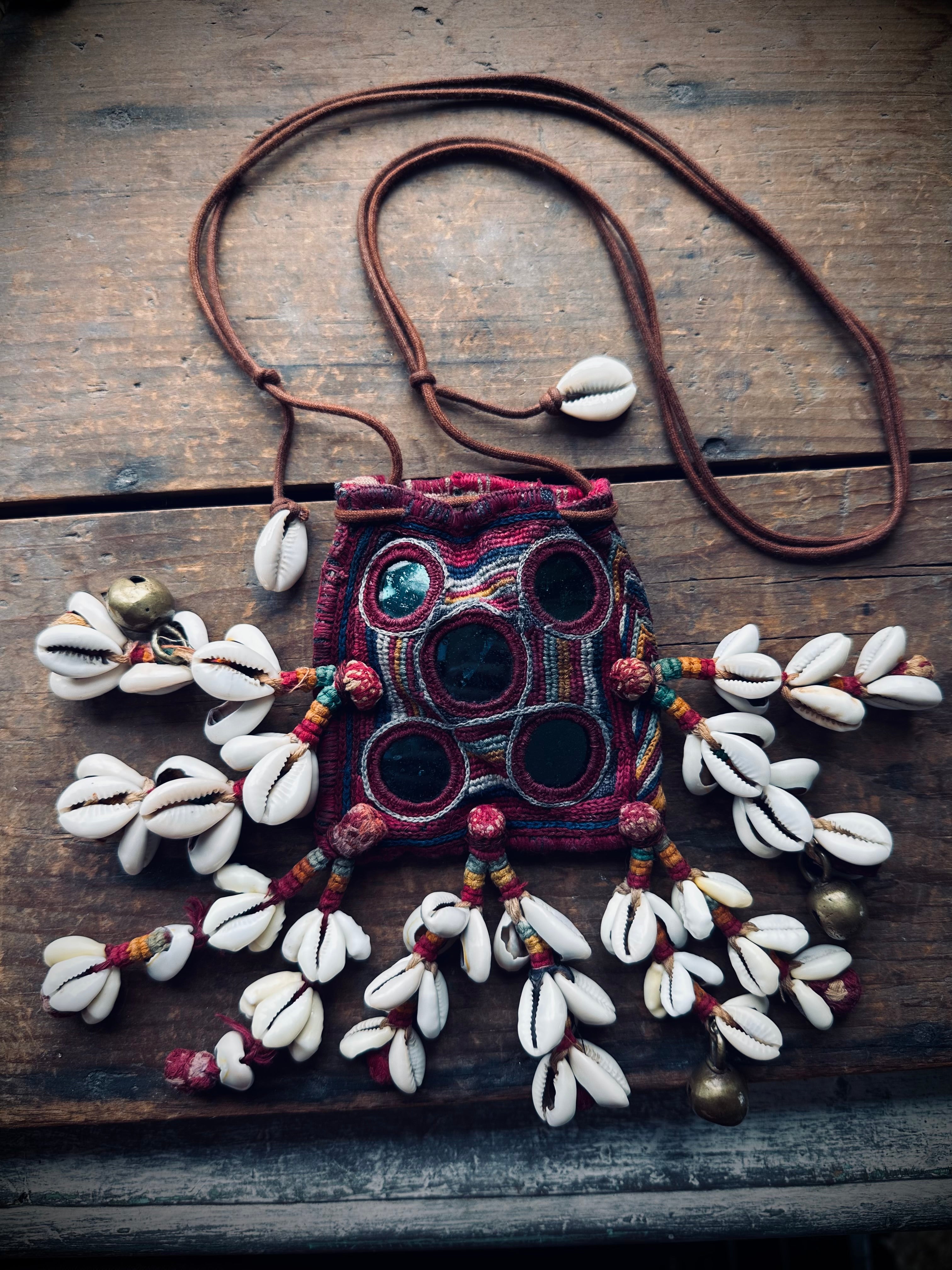 3”x3” Beautiful banjara mini pouch/purse on adjustable string with cowries