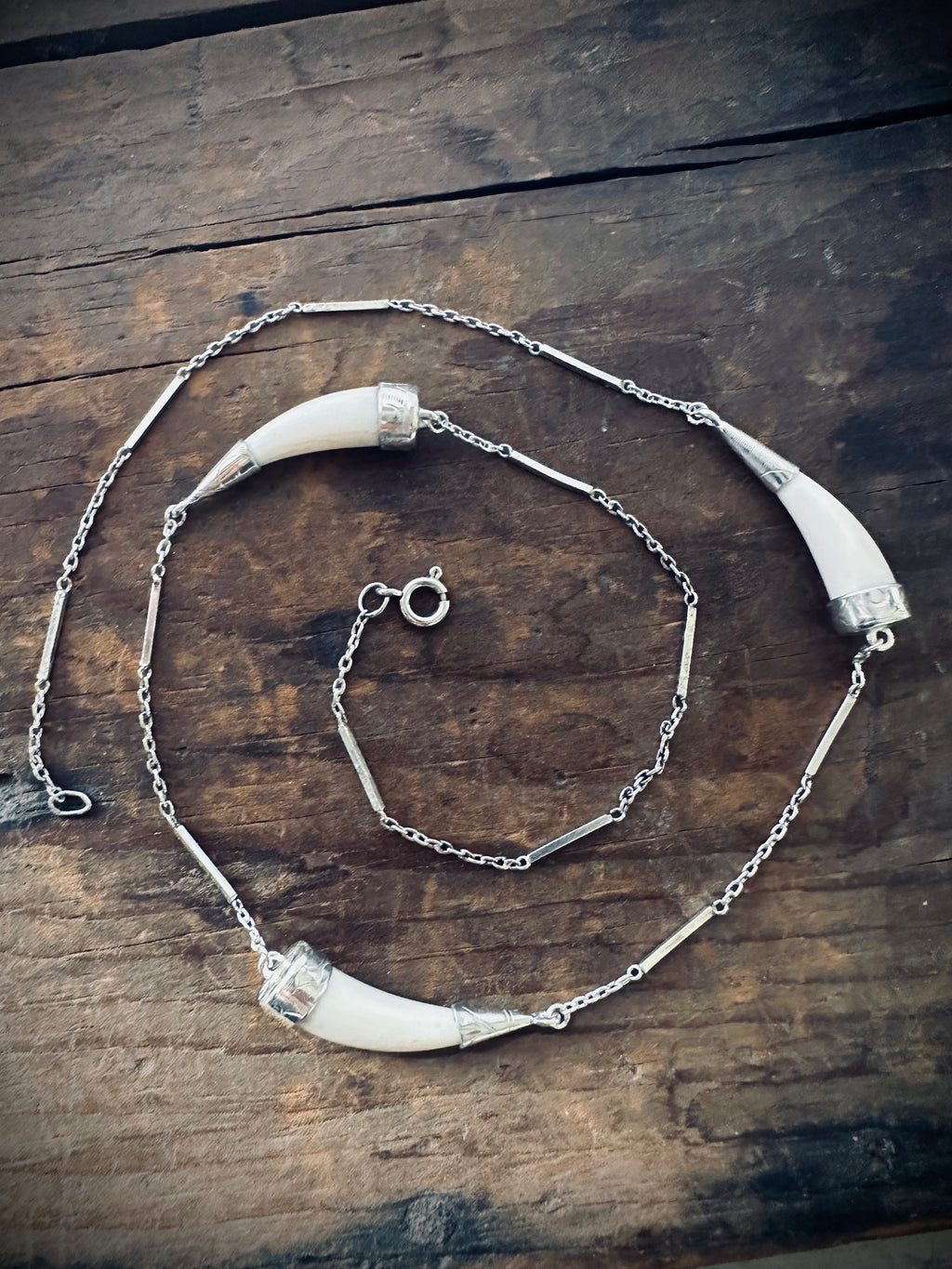 17” reworked vintage chain with 3 bone “tusks” - sterling silver